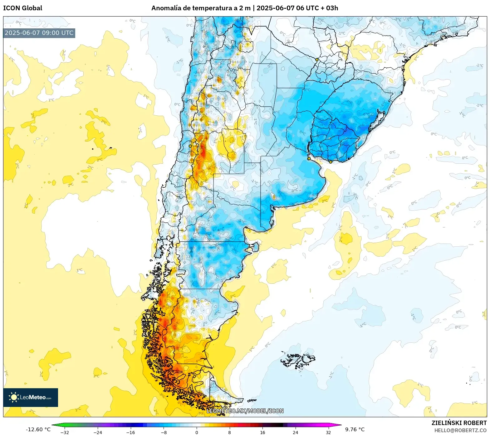 ICON model - Argentina, Anomalía de temperatura a 2 m ICON model - Argentina, Anomalía de temperatura a 2 m