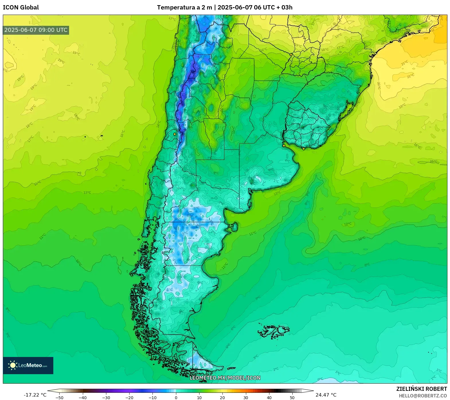 ICON model - Argentina, Temperatura a 2 m ICON model - Argentina, Temperatura a 2 m
