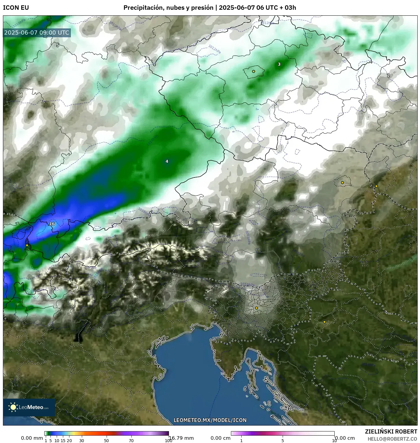 ICON model - Austria, Precipitación, nubes y presión ICON model - Austria, Precipitación, nubes y presión
