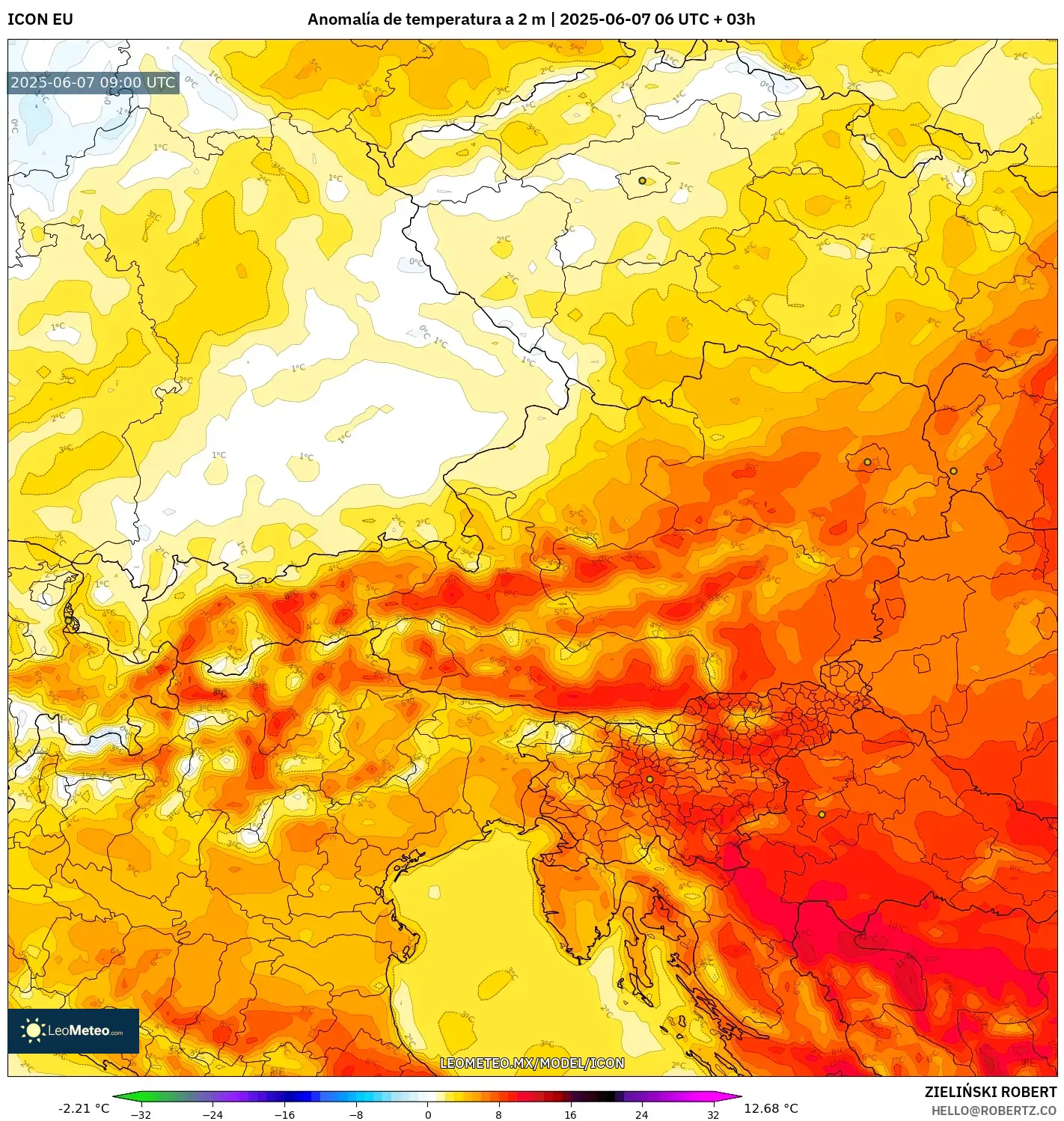 ICON model - Austria, Anomalía de temperatura a 2 m ICON model - Austria, Anomalía de temperatura a 2 m