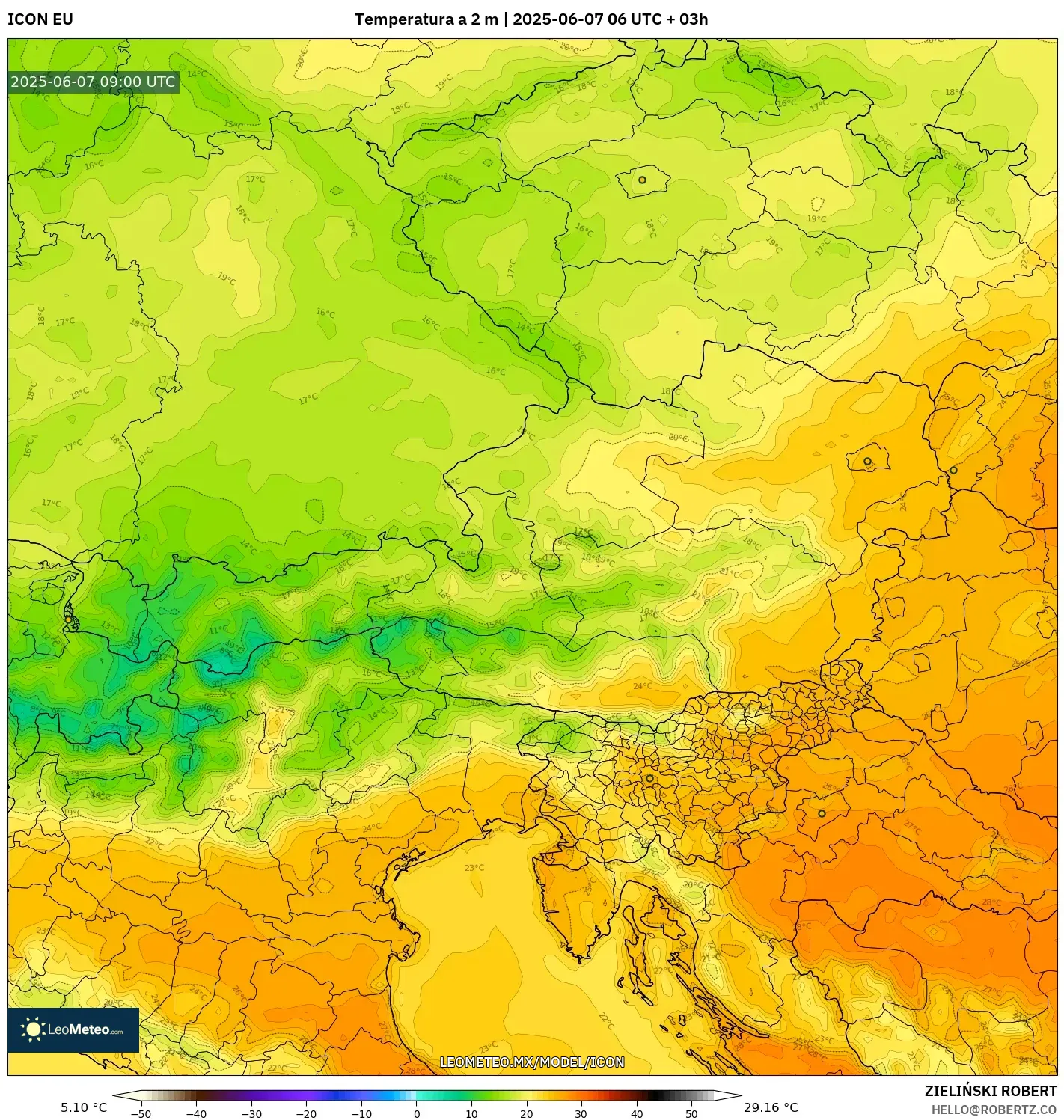 ICON model - Austria, Temperatura a 2 m ICON model - Austria, Temperatura a 2 m