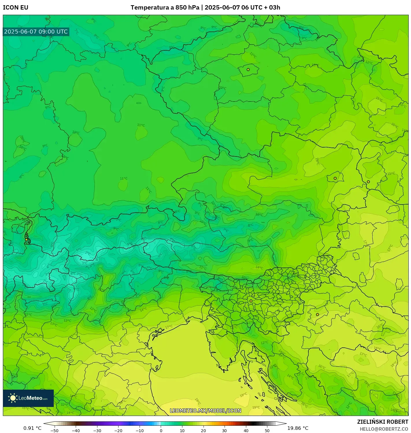 ICON model - Austria, Temperatura a 850 hPa ICON model - Austria, Temperatura a 850 hPa