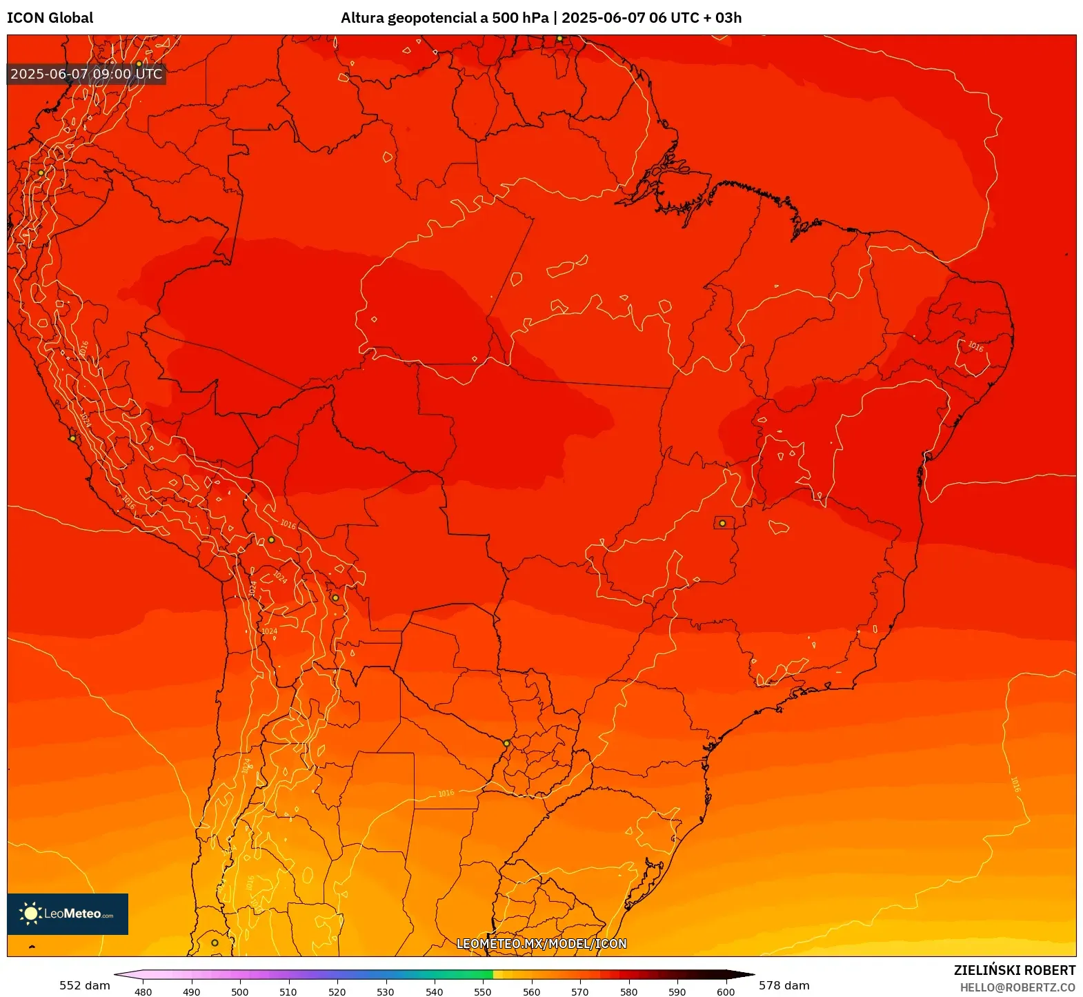 ICON model - Brasil, Altura geopotencial a 500 hPa ICON model - Brasil, Altura geopotencial a 500 hPa