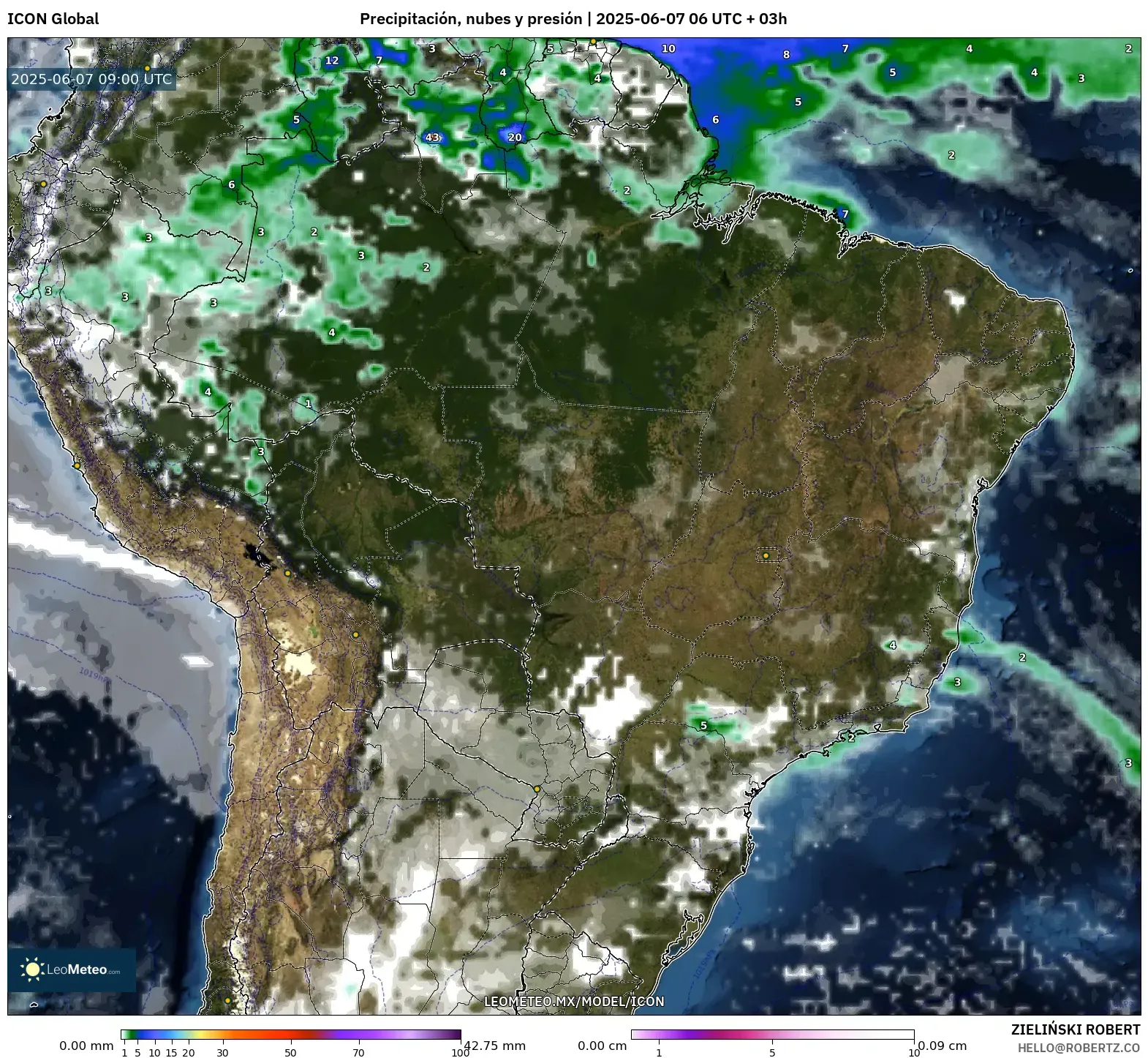 ICON model - Brasil, Precipitación, nubes y presión ICON model - Brasil, Precipitación, nubes y presión