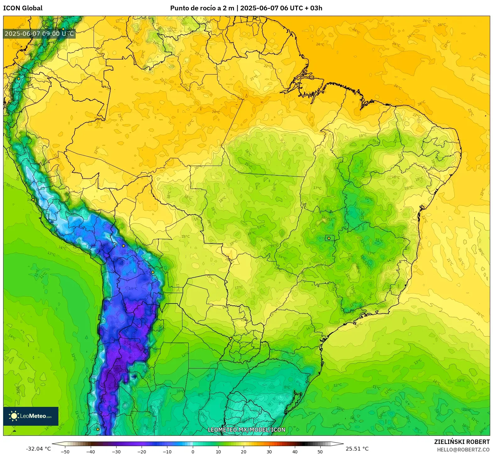 ICON model - Brasil, Punto de rocío a 2 m ICON model - Brasil, Punto de rocío a 2 m