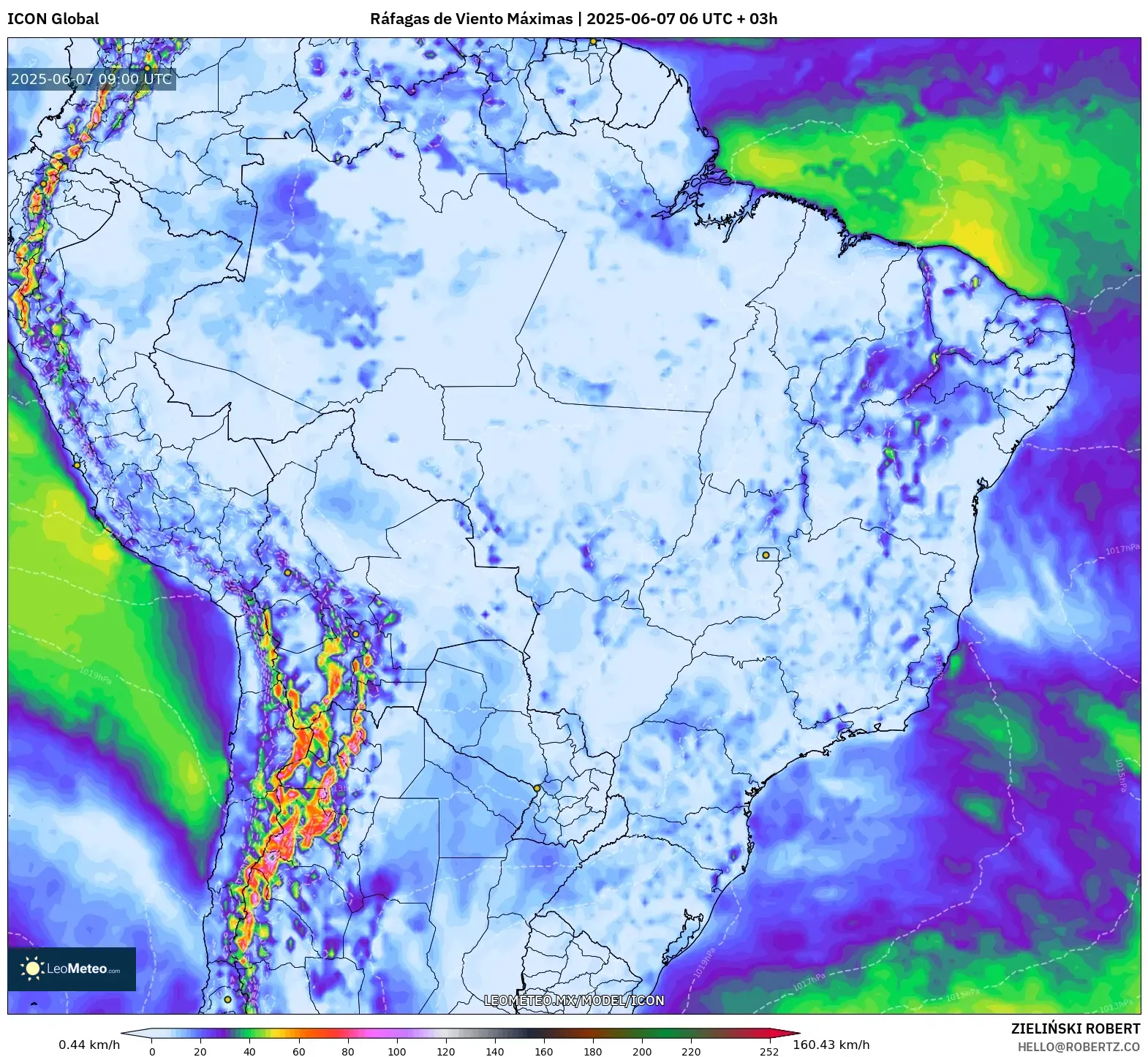ICON model - Brasil, Ráfagas de Viento Máximas ICON model - Brasil, Ráfagas de Viento Máximas