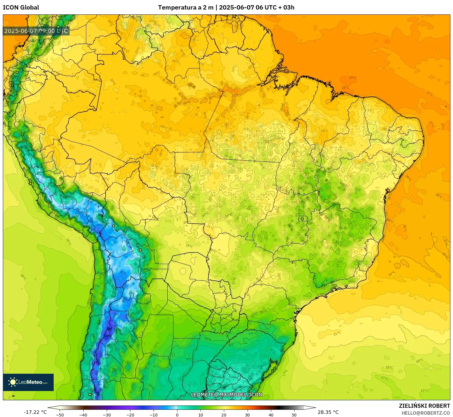 ICON model - Brasil, Temperatura a 2 m ICON model - Brasil, Temperatura a 2 m