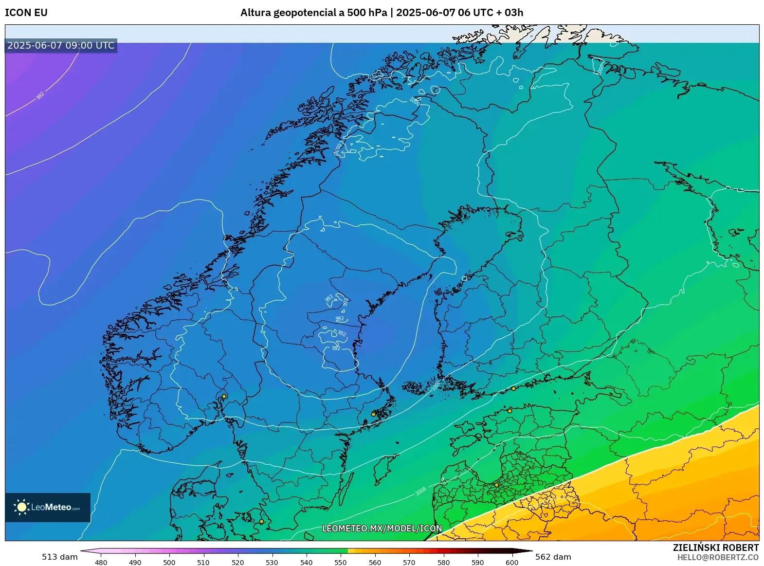 ICON model - Escandinavia, Altura geopotencial a 500 hPa ICON model - Escandinavia, Altura geopotencial a 500 hPa