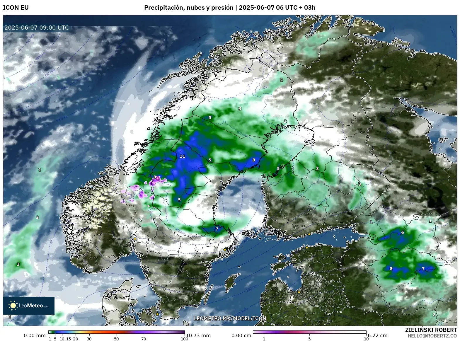 ICON model - Escandinavia, Precipitación, nubes y presión