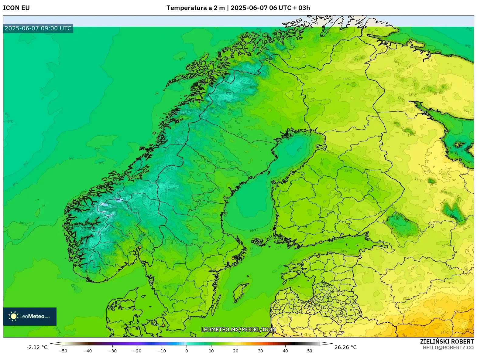 ICON model - Escandinavia, Temperatura a 2 m ICON model - Escandinavia, Temperatura a 2 m