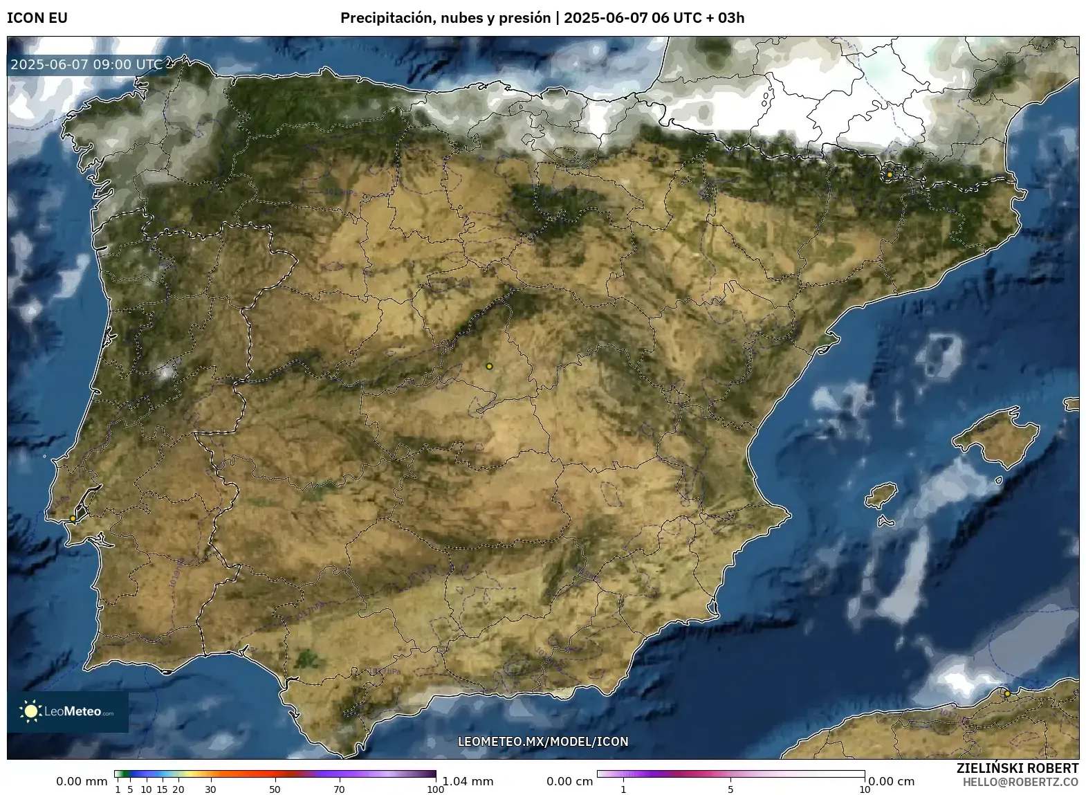 ICON model - España, Precipitación, nubes y presión