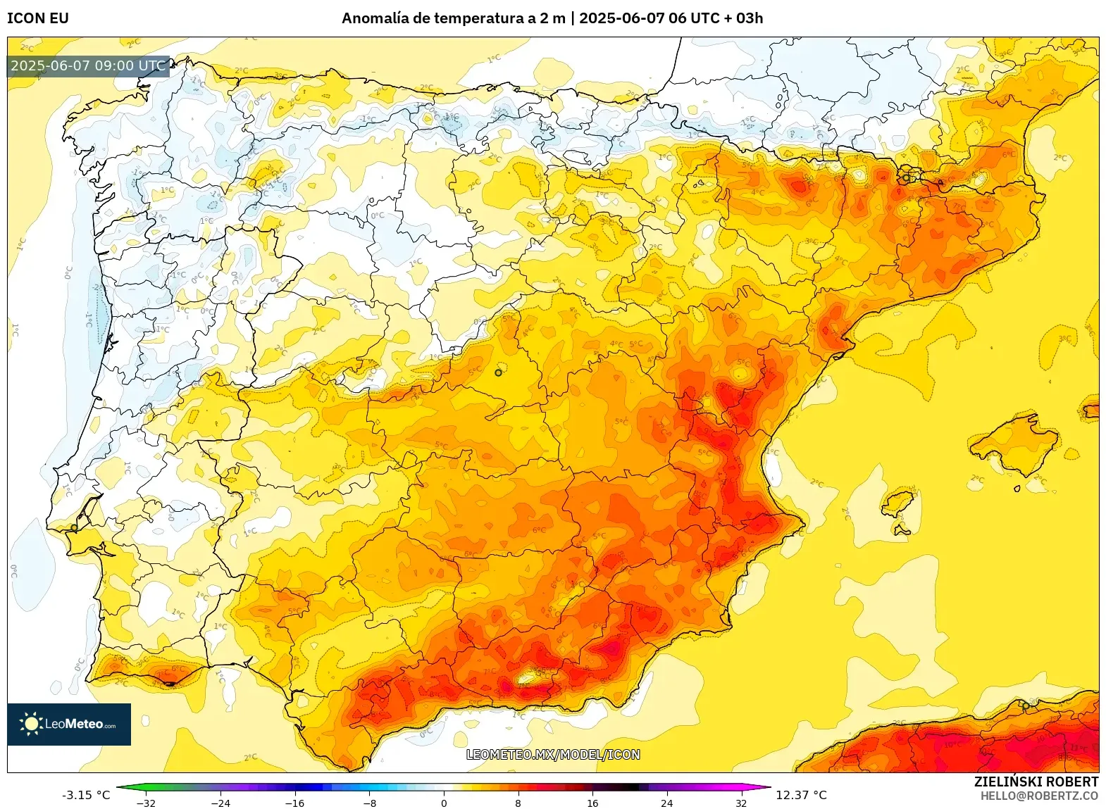 ICON model - España, Anomalía de temperatura a 2 m ICON model - España, Anomalía de temperatura a 2 m