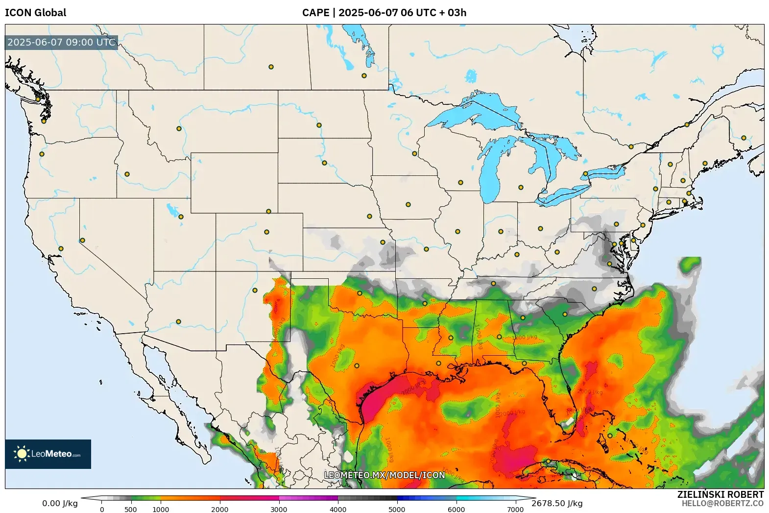 ICON model - Estados Unidos, CAPE