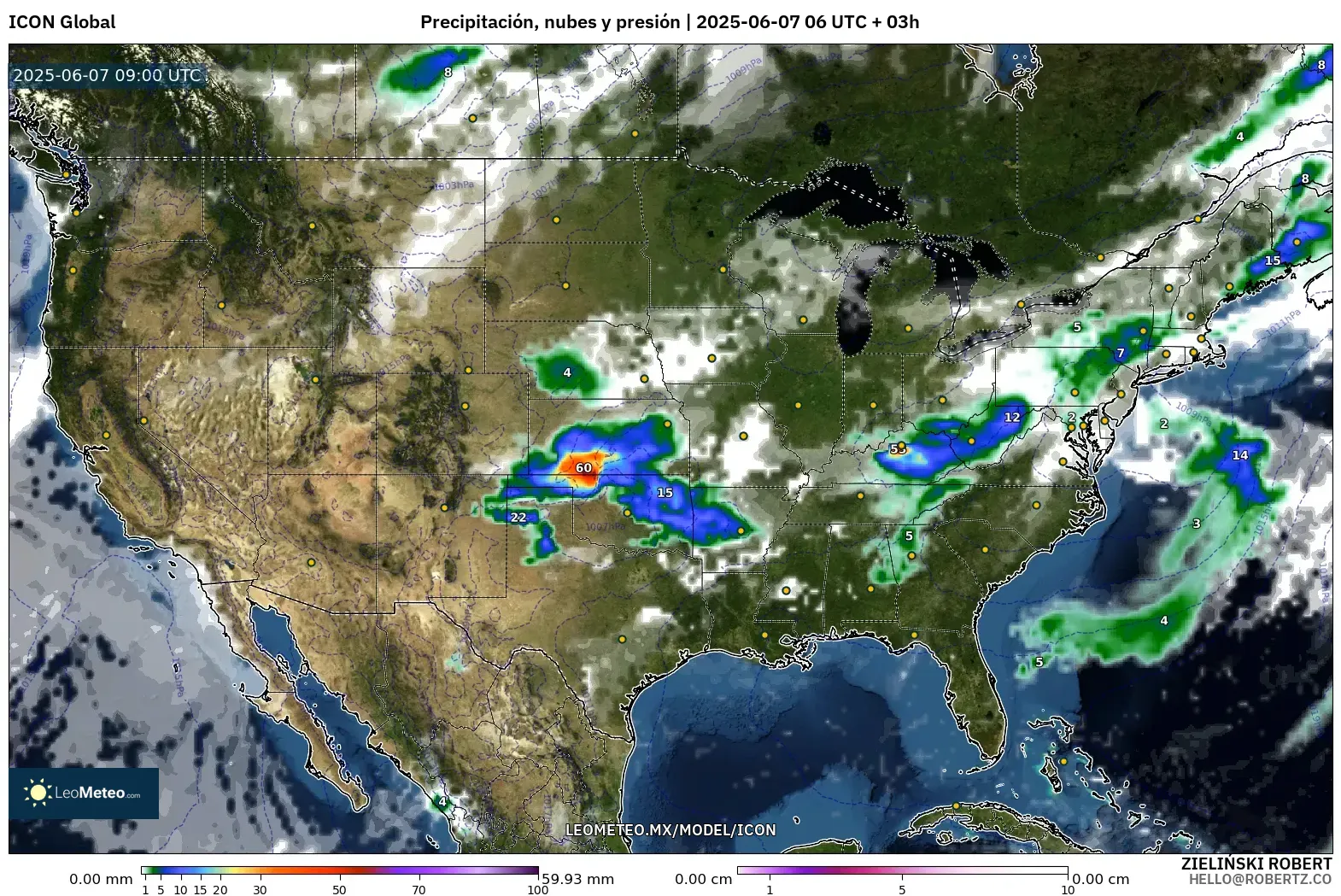 ICON model - Estados Unidos, Precipitación, nubes y presión ICON model - Estados Unidos, Precipitación, nubes y presión