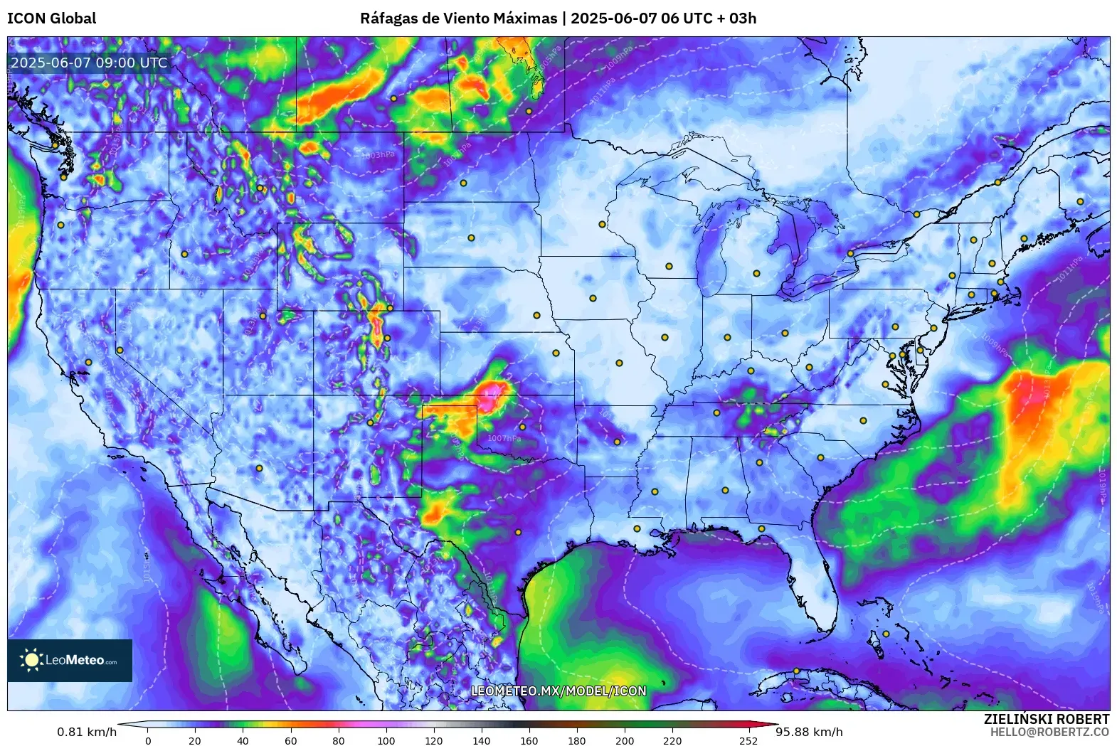ICON model - Estados Unidos, Ráfagas de Viento Máximas