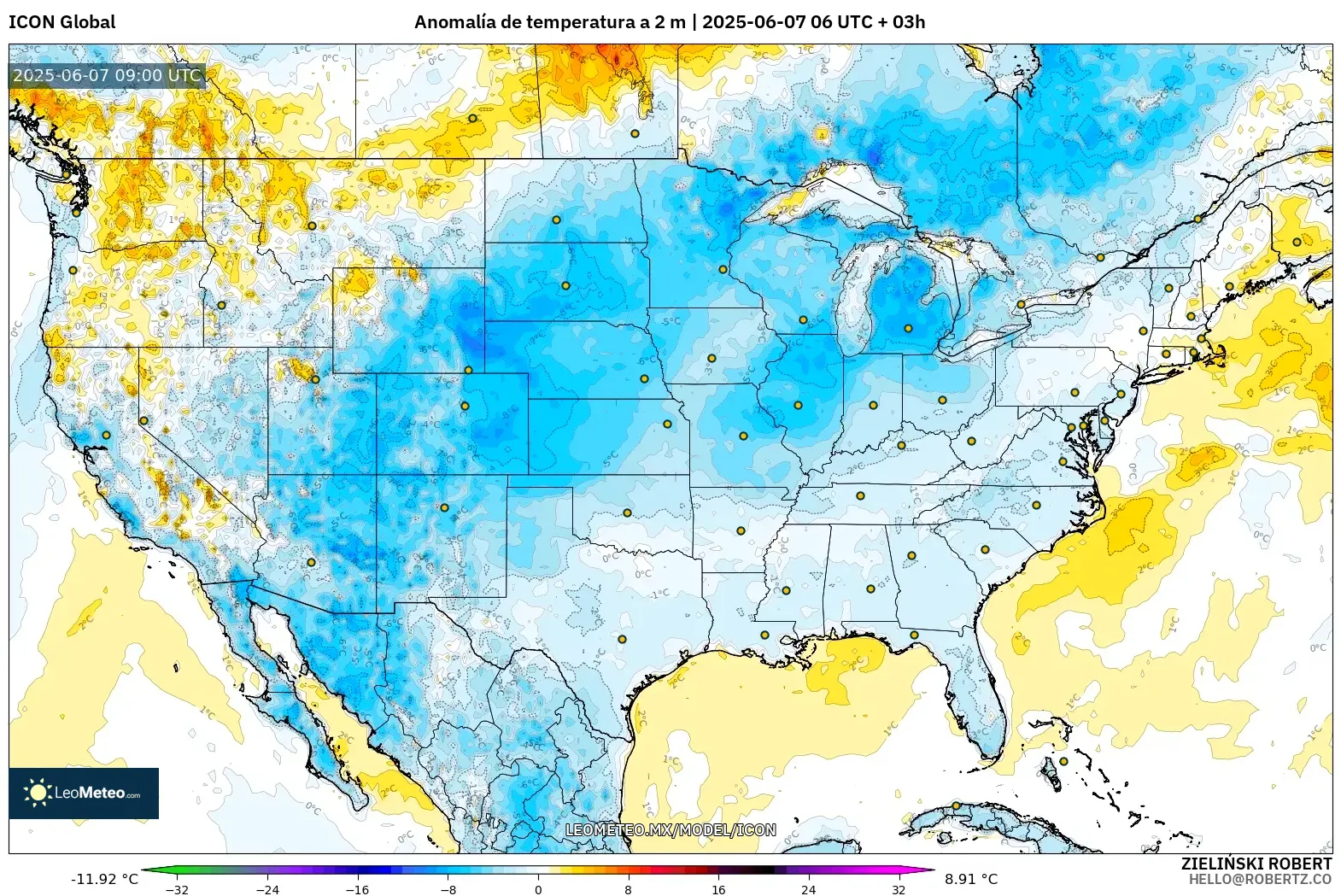 ICON model - Estados Unidos, Anomalía de temperatura a 2 m