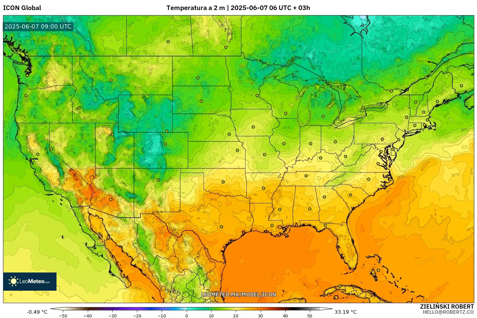 ICON model - Estados Unidos, Temperatura a 2 m ICON model - Estados Unidos, Temperatura a 2 m