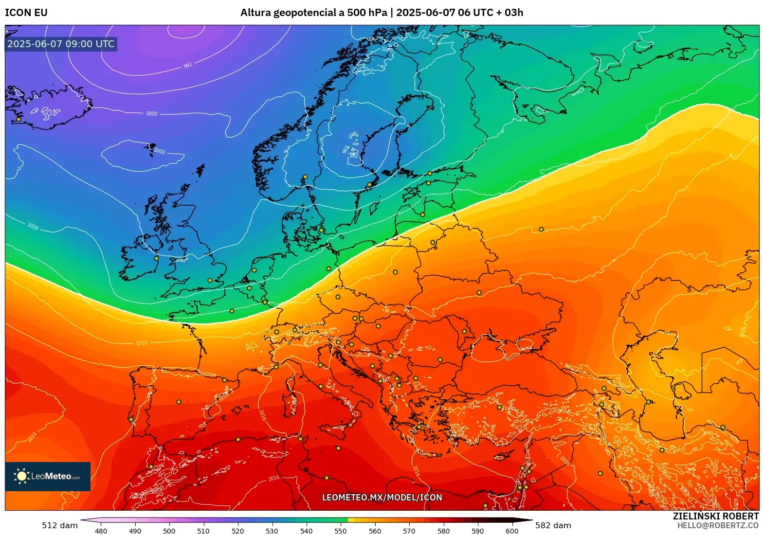 ICON model - Europa, Altura geopotencial a 500 hPa