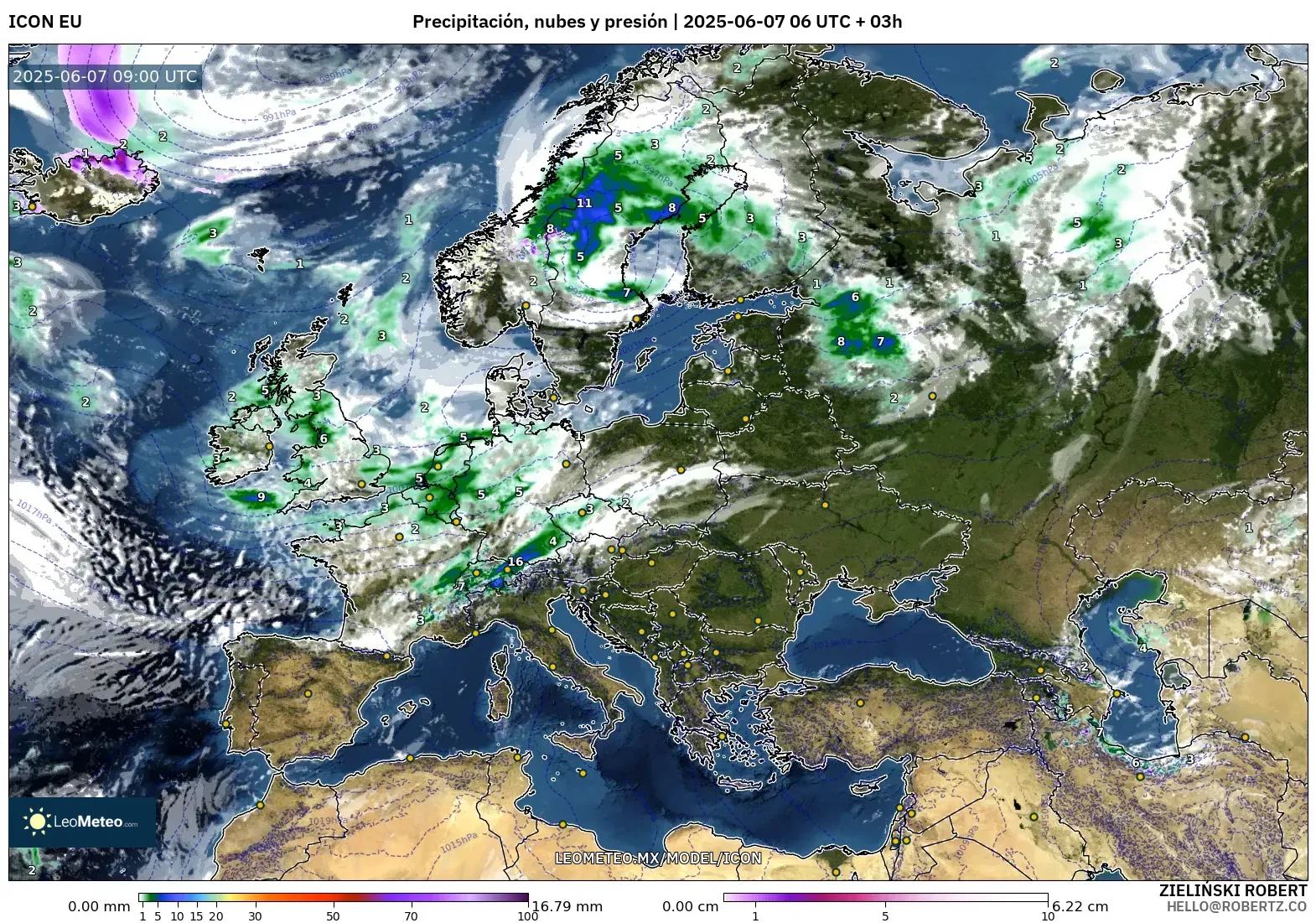 ICON model - Europa, Precipitación, nubes y presión