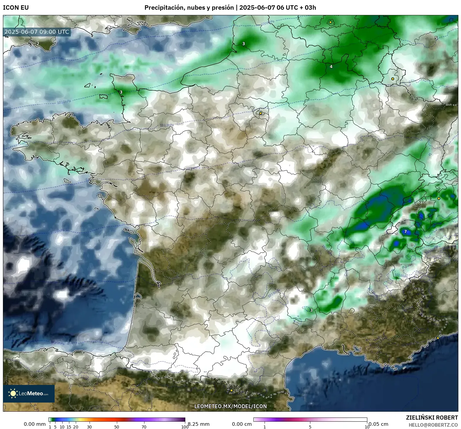 ICON model - Francia, Precipitación, nubes y presión ICON model - Francia, Precipitación, nubes y presión