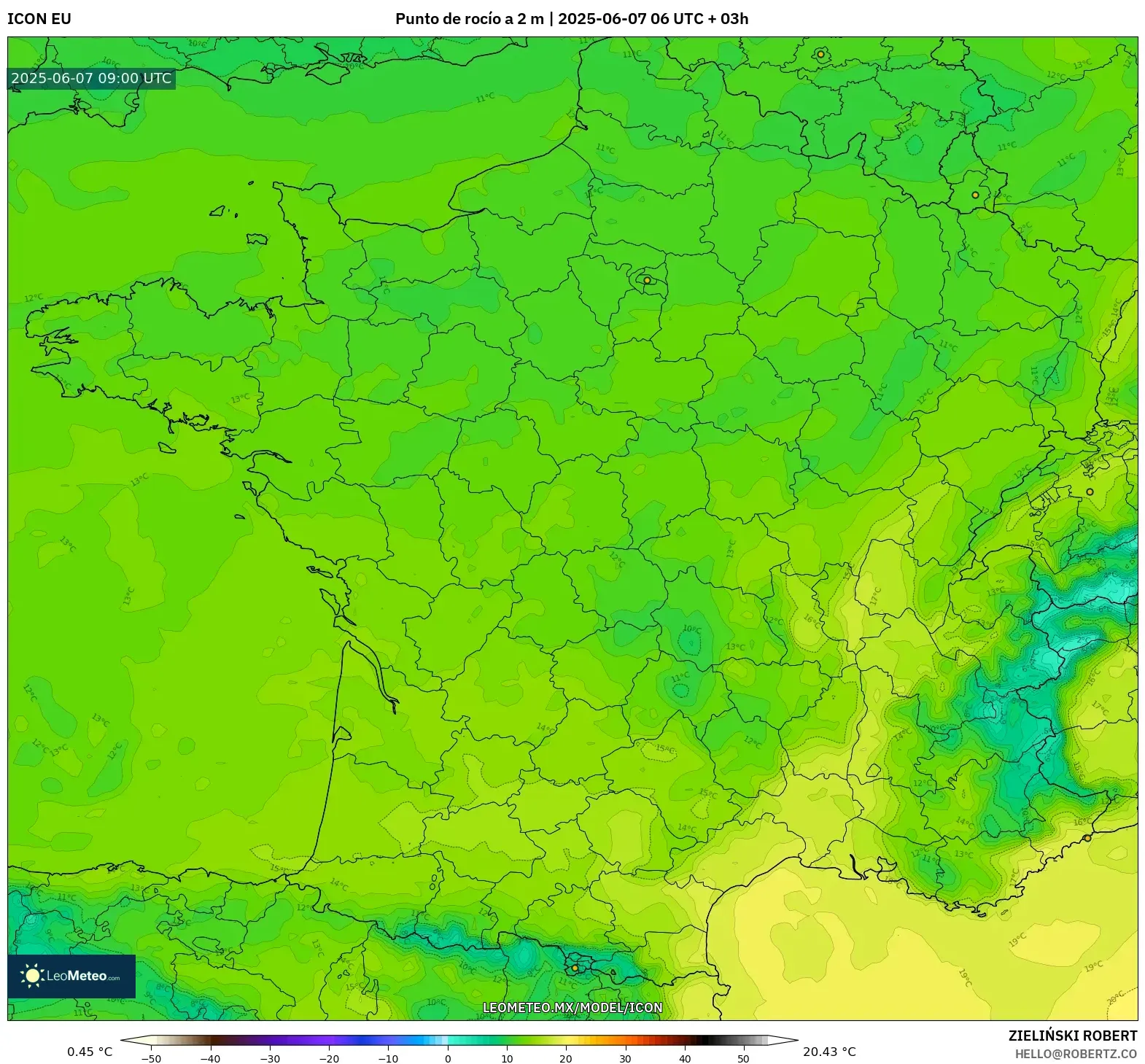 ICON model - Francia, Punto de rocío a 2 m
