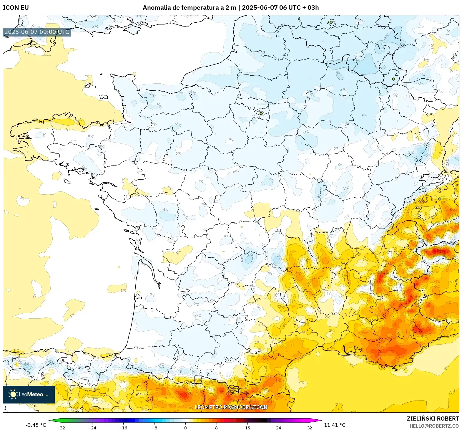 ICON model - Francia, Anomalía de temperatura a 2 m ICON model - Francia, Anomalía de temperatura a 2 m