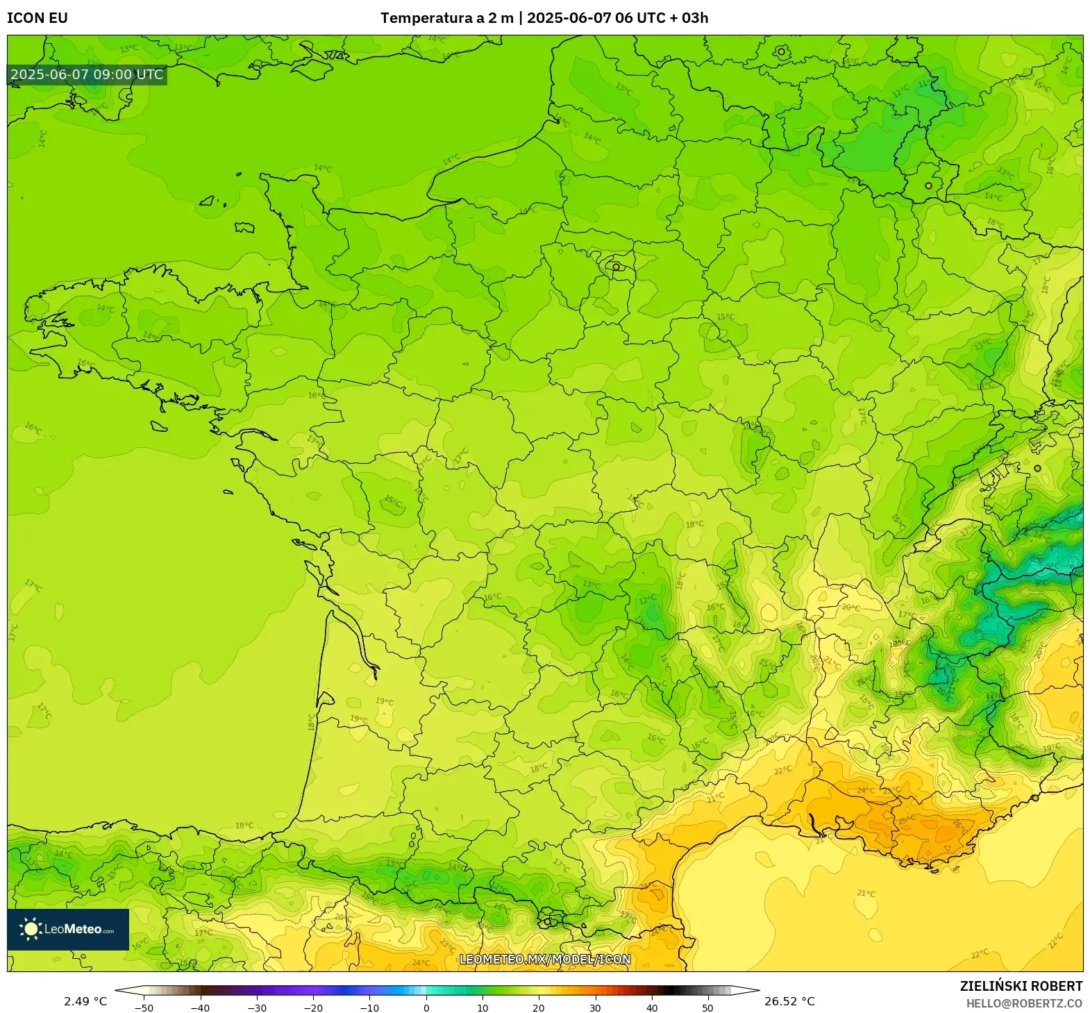 ICON model - Francia, Temperatura a 2 m ICON model - Francia, Temperatura a 2 m