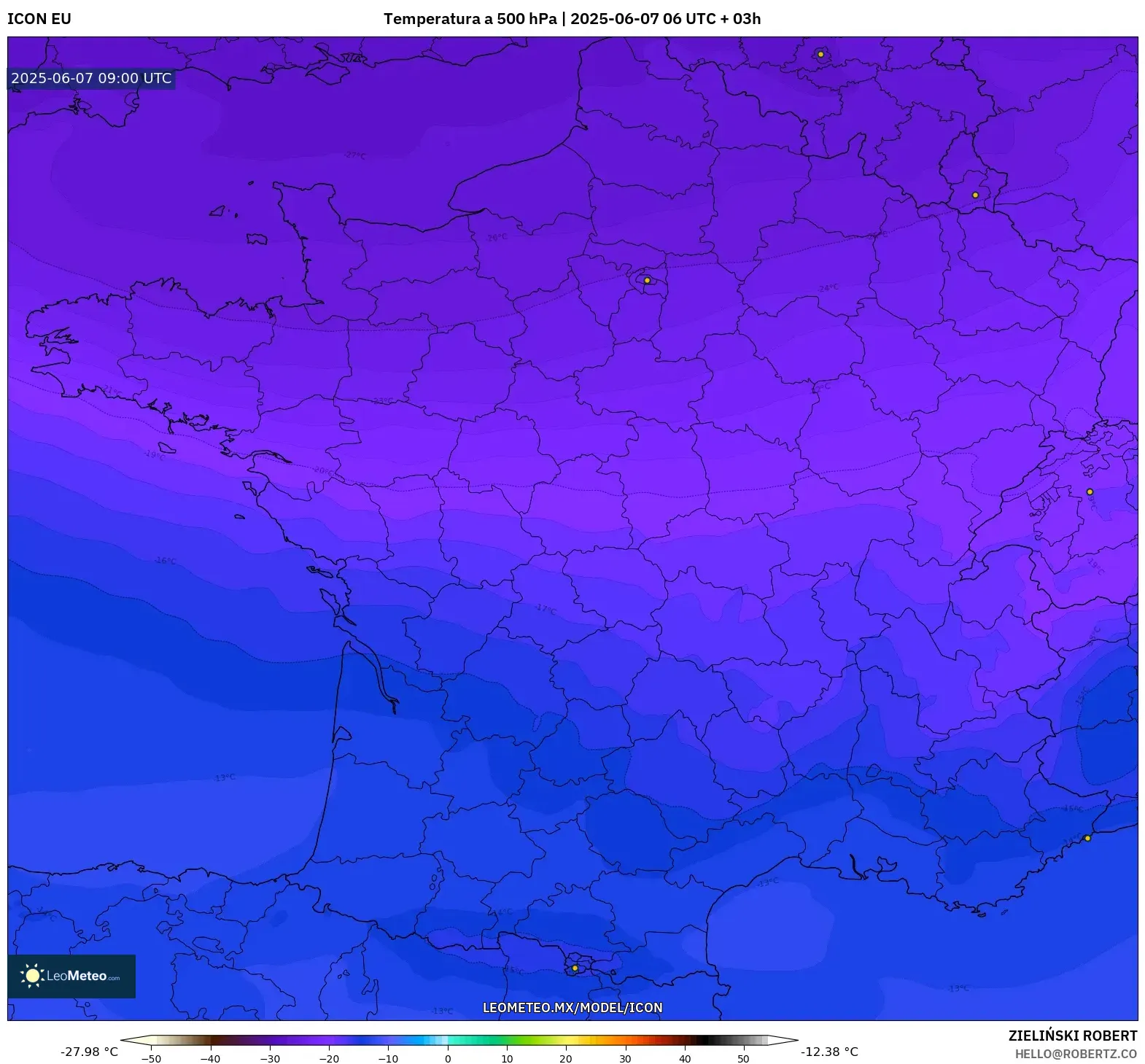 ICON model - Francia, Temperatura a 500 hPa ICON model - Francia, Temperatura a 500 hPa
