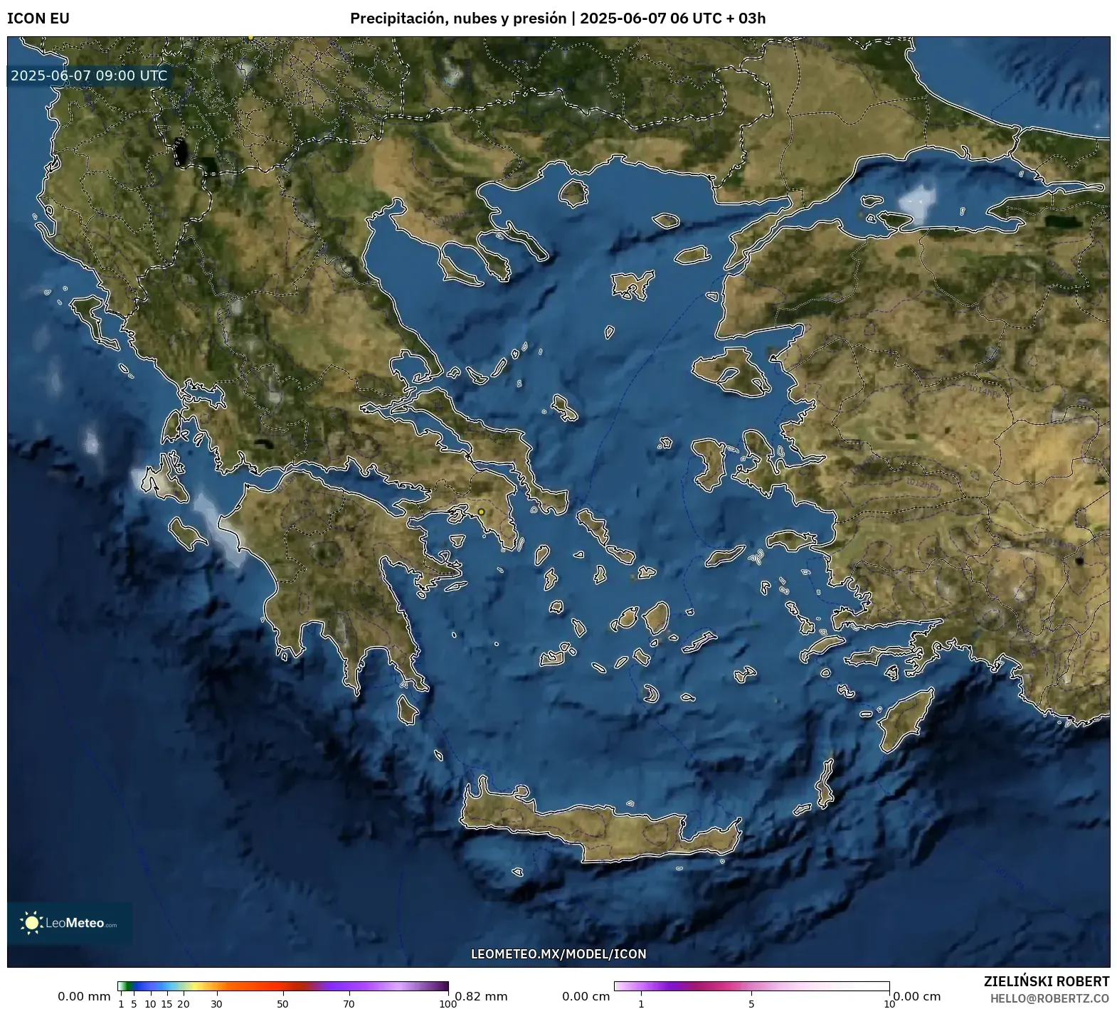 ICON model - Grecia, Precipitación, nubes y presión ICON model - Grecia, Precipitación, nubes y presión
