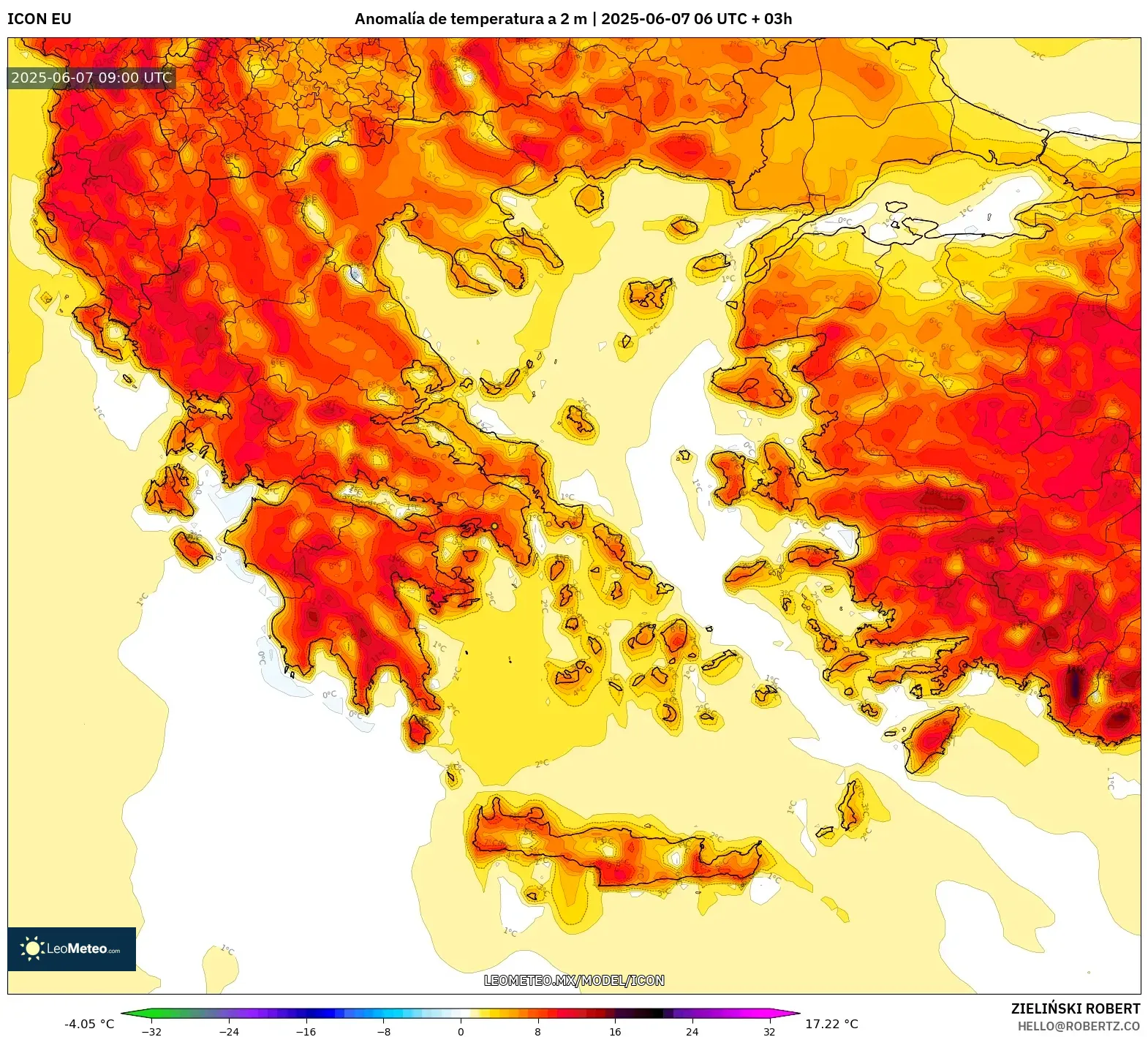 ICON model - Grecia, Anomalía de temperatura a 2 m ICON model - Grecia, Anomalía de temperatura a 2 m