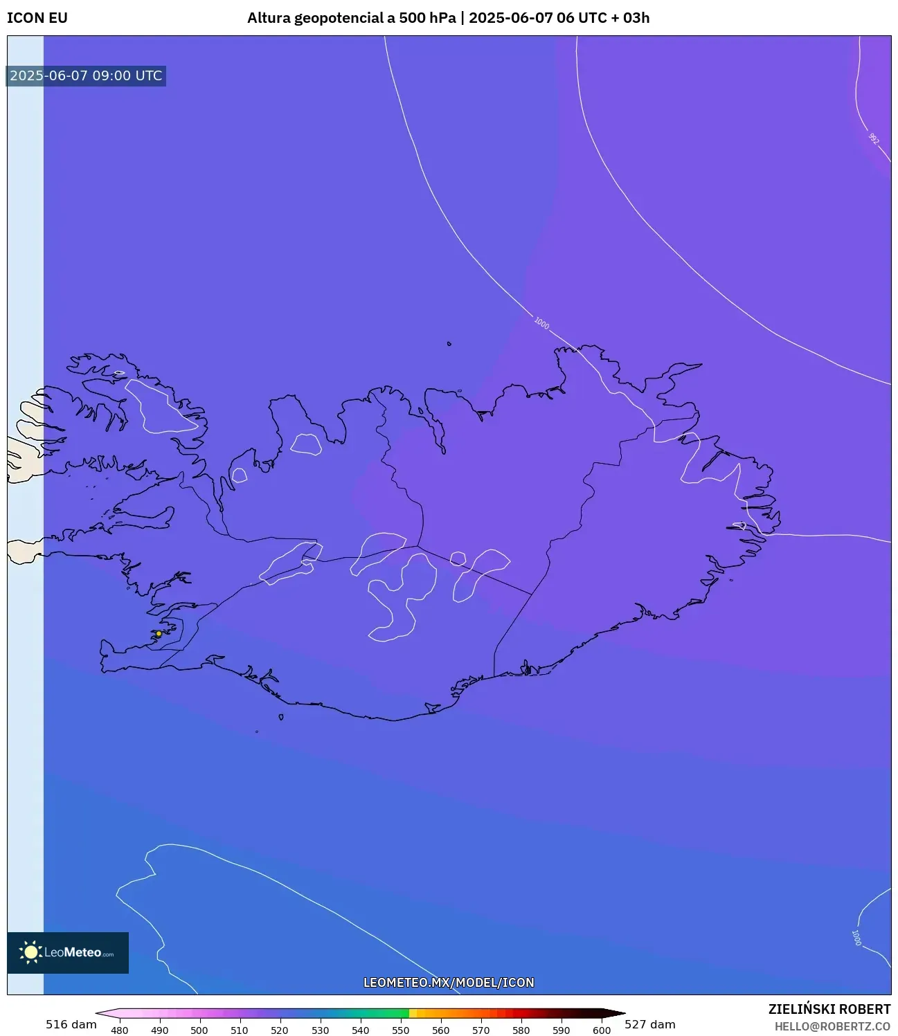 ICON model - Islandia, Altura geopotencial a 500 hPa