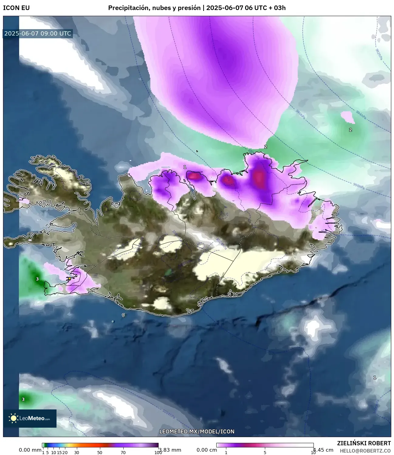 ICON model - Islandia, Precipitación, nubes y presión ICON model - Islandia, Precipitación, nubes y presión
