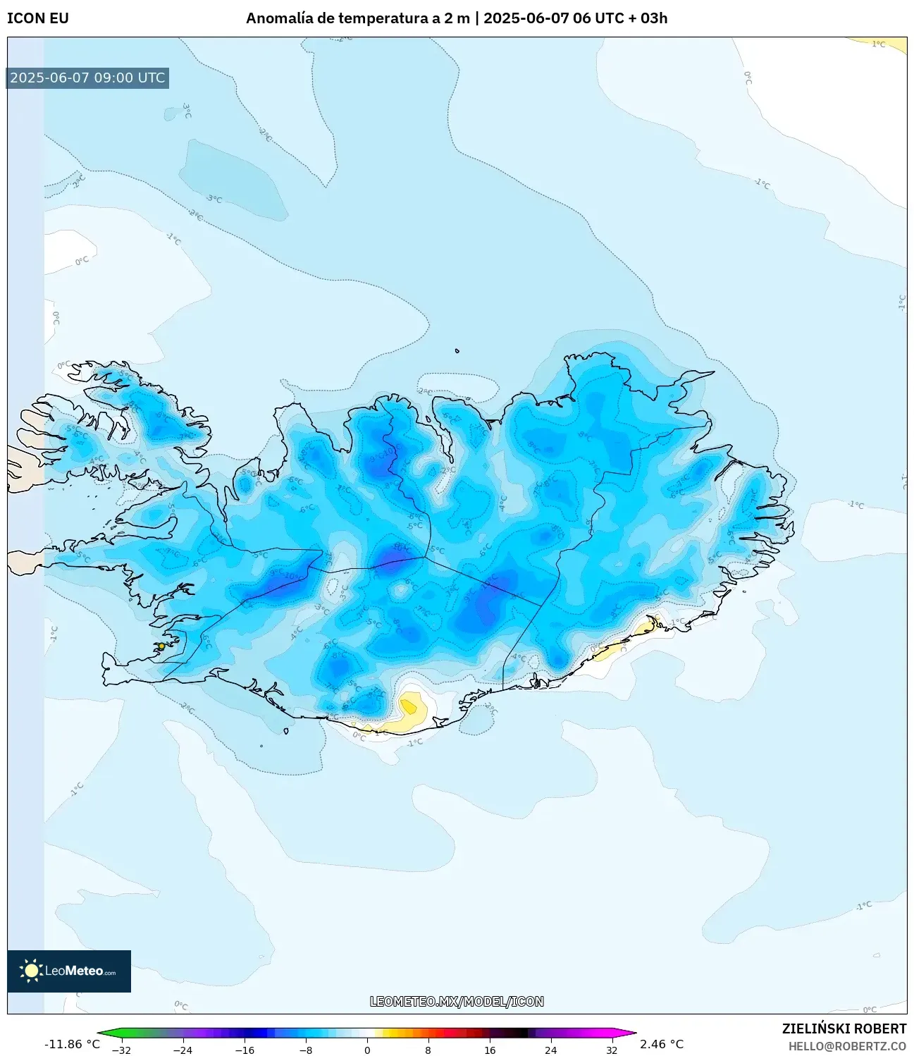 ICON model - Islandia, Anomalía de temperatura a 2 m