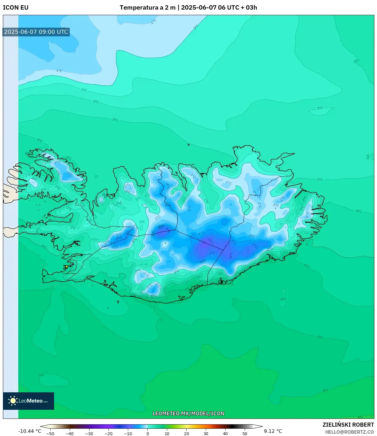 ICON model - Islandia, Temperatura a 2 m ICON model - Islandia, Temperatura a 2 m