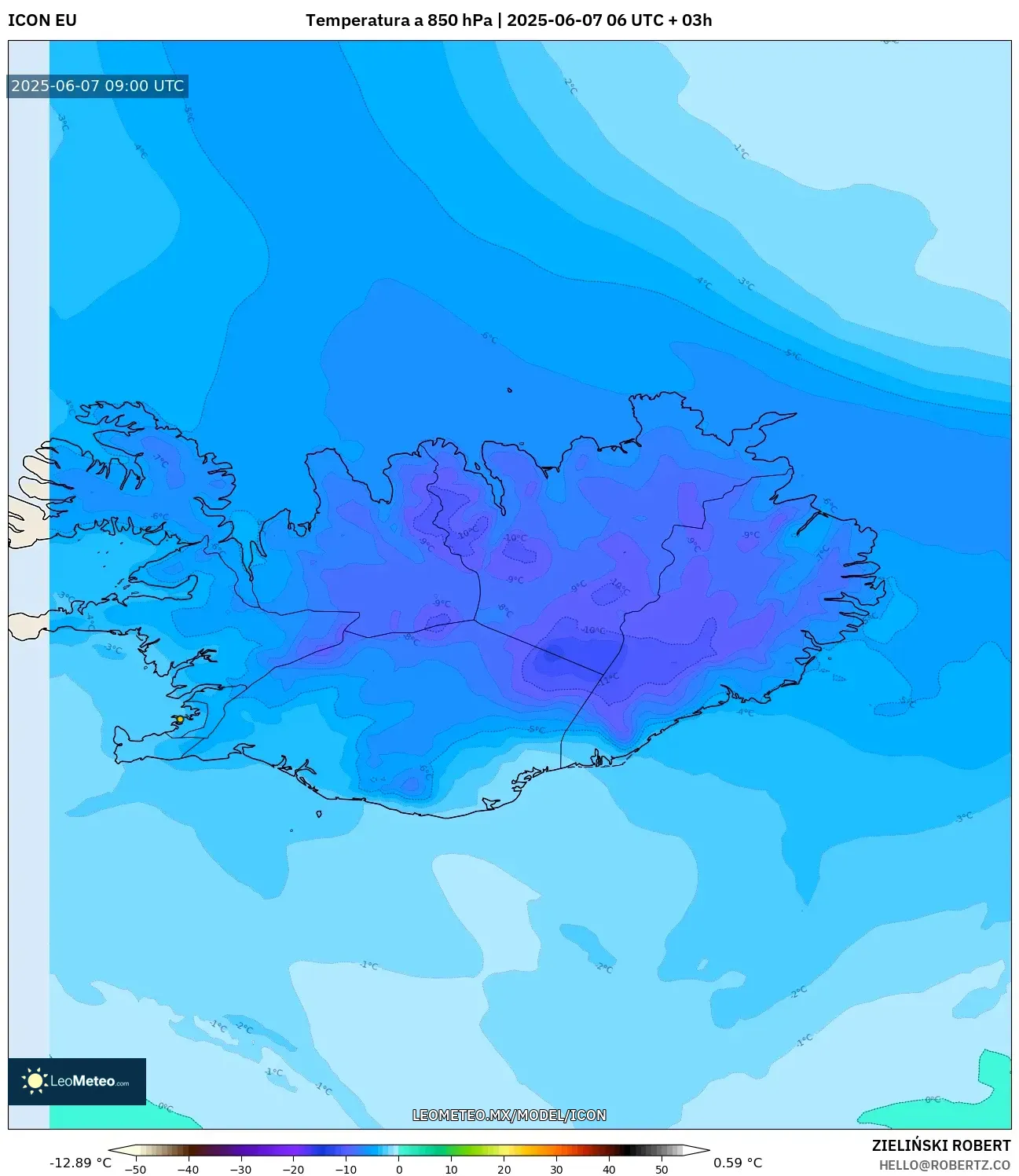 ICON model - Islandia, Temperatura a 850 hPa