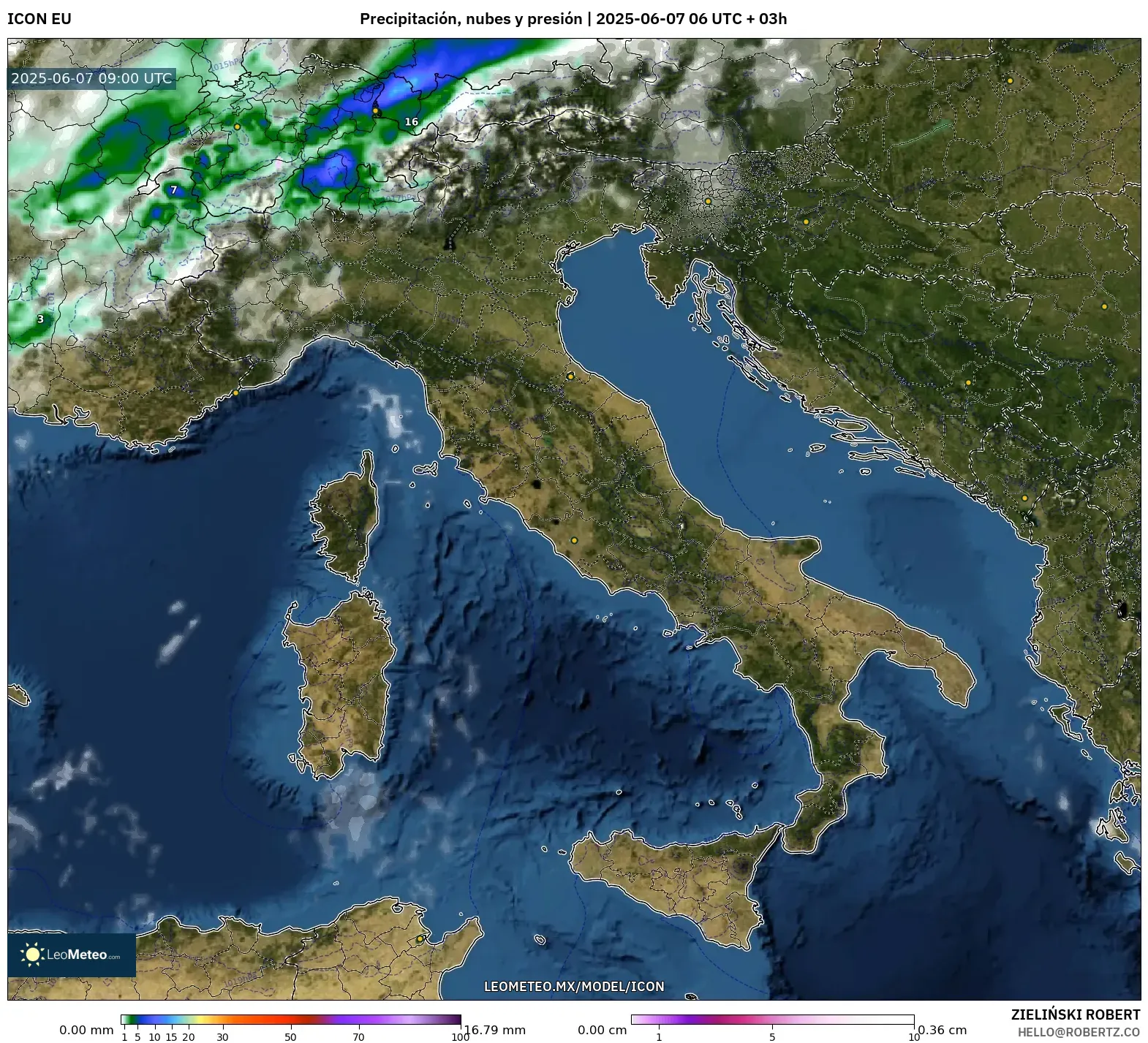 ICON model - Italia, Precipitación, nubes y presión ICON model - Italia, Precipitación, nubes y presión