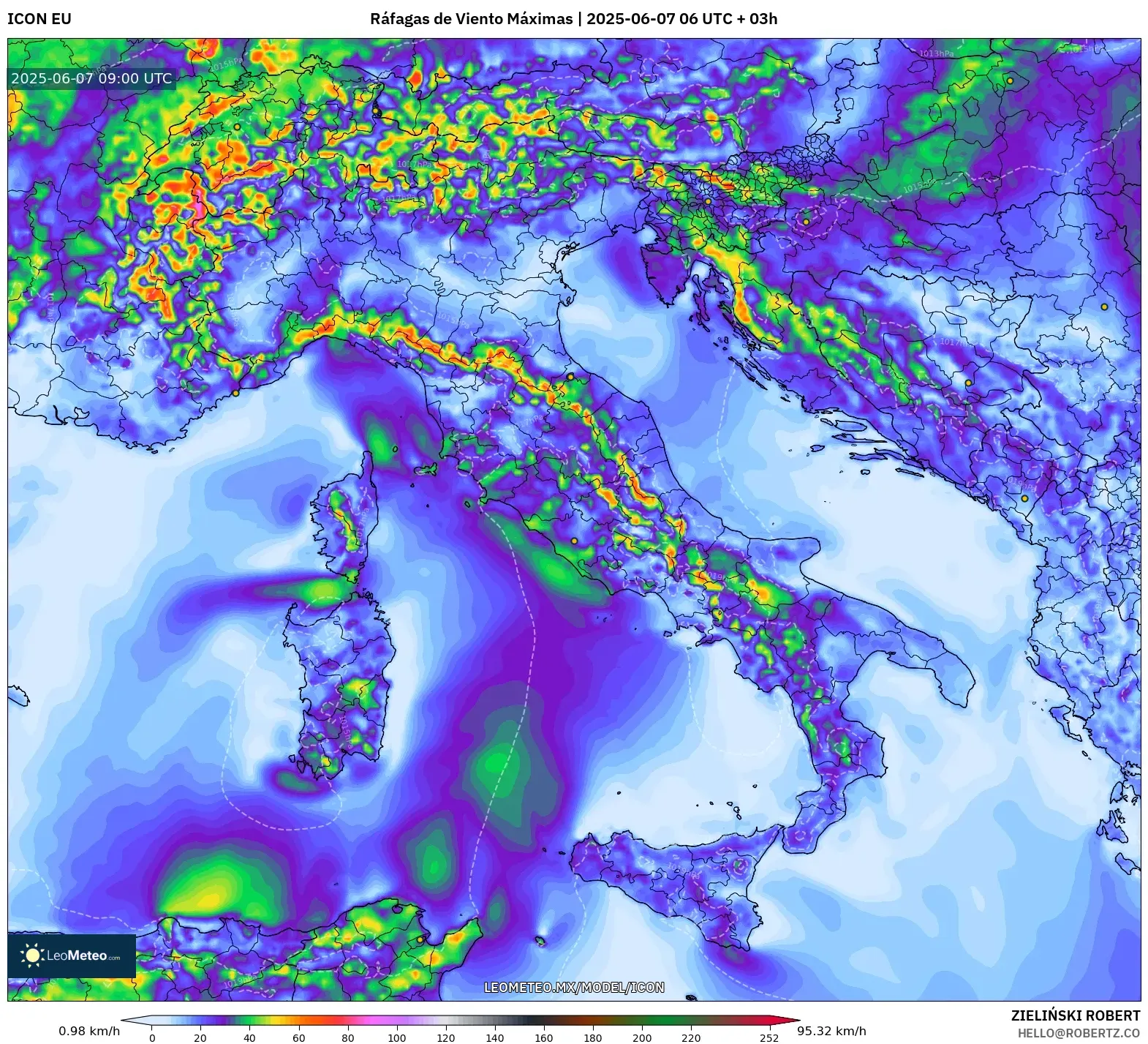 ICON model - Italia, Ráfagas de Viento Máximas ICON model - Italia, Ráfagas de Viento Máximas