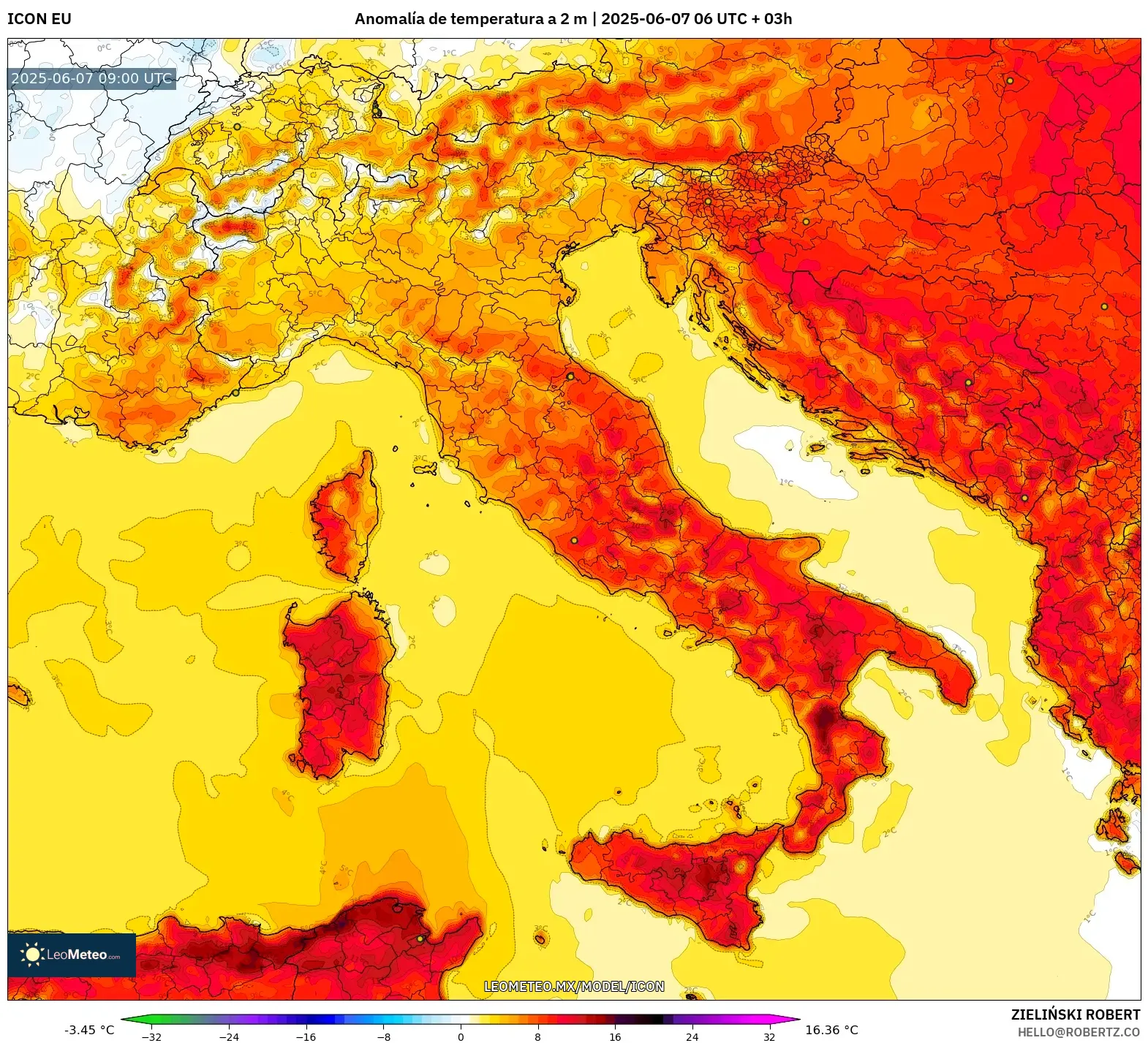ICON model - Italia, Anomalía de temperatura a 2 m ICON model - Italia, Anomalía de temperatura a 2 m