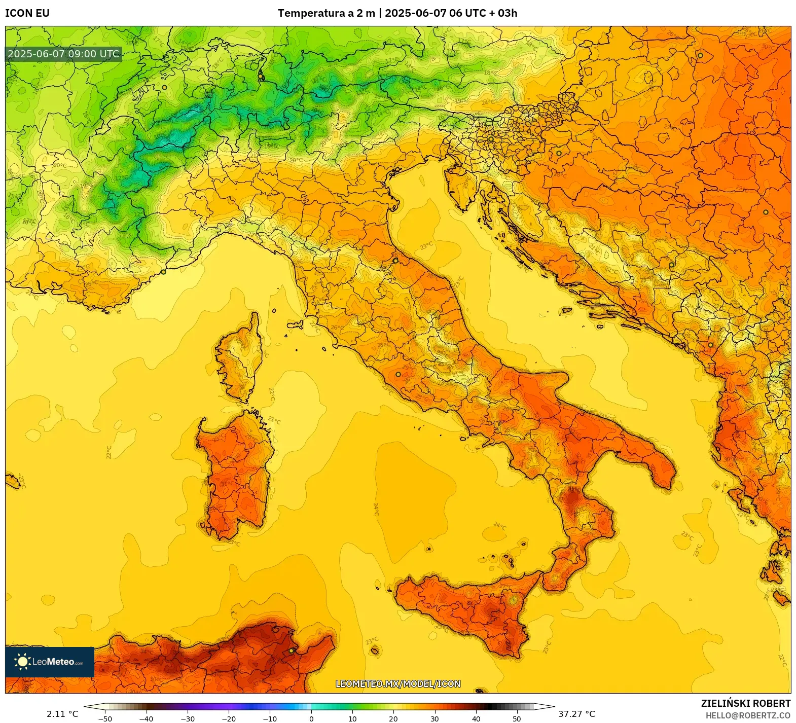 ICON model - Italia, Temperatura a 2 m ICON model - Italia, Temperatura a 2 m