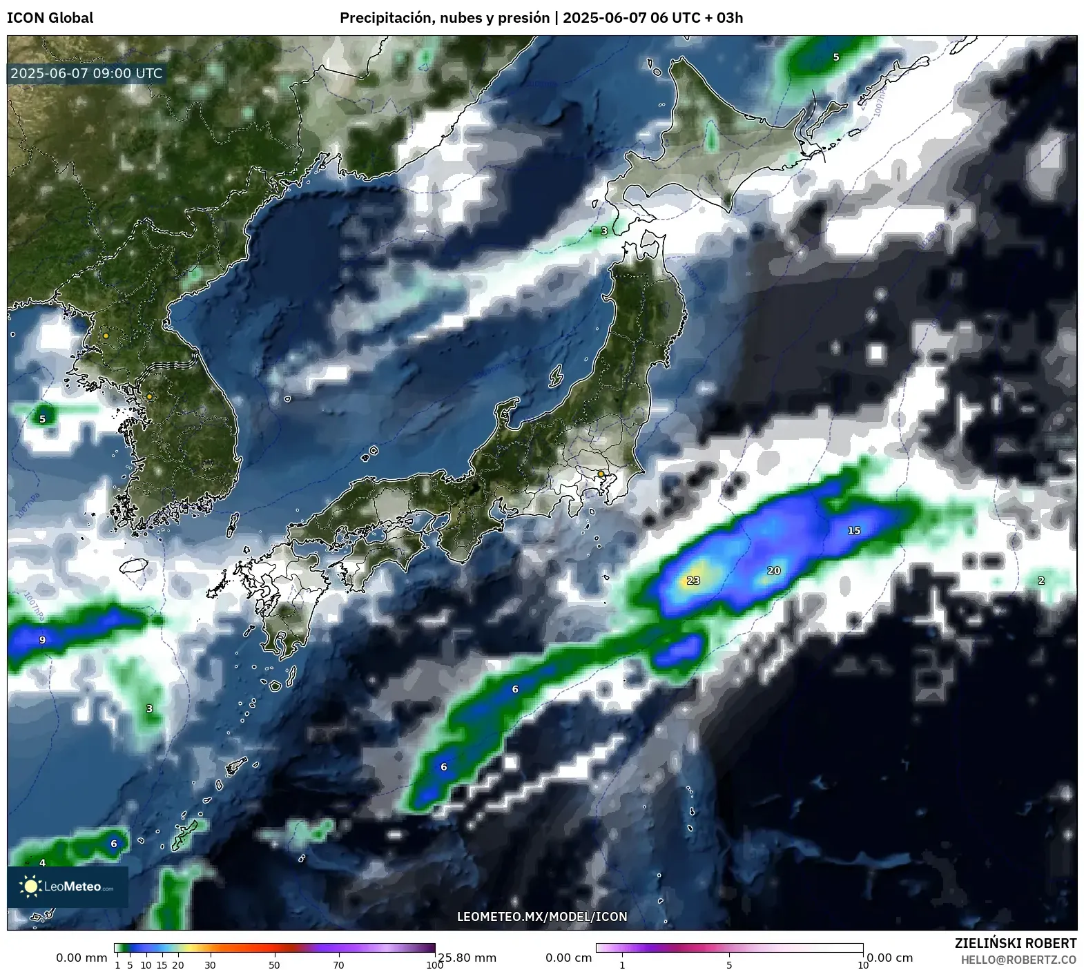 ICON model - Japón, Precipitación, nubes y presión ICON model - Japón, Precipitación, nubes y presión