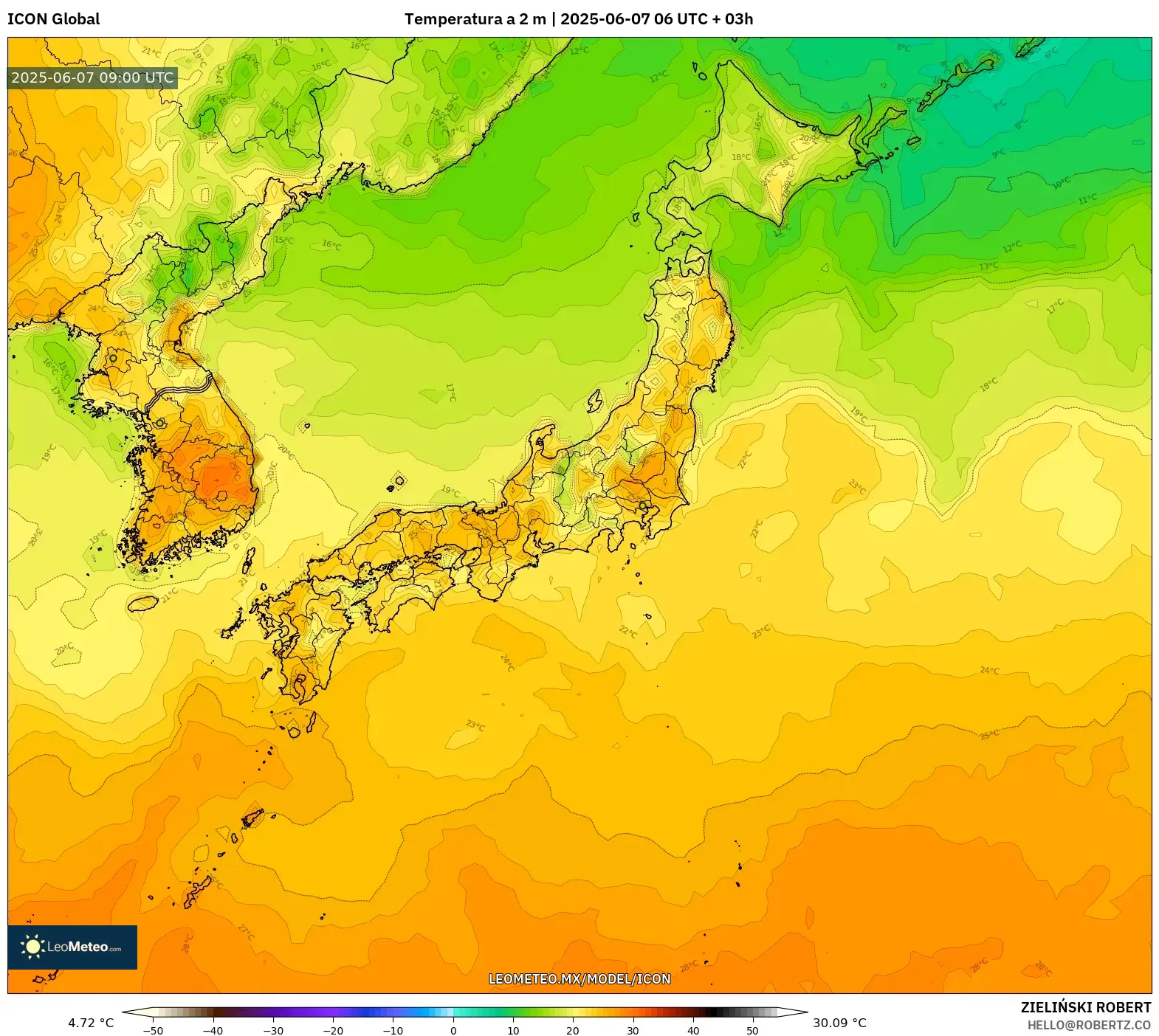 ICON model - Japón, Temperatura a 2 m ICON model - Japón, Temperatura a 2 m
