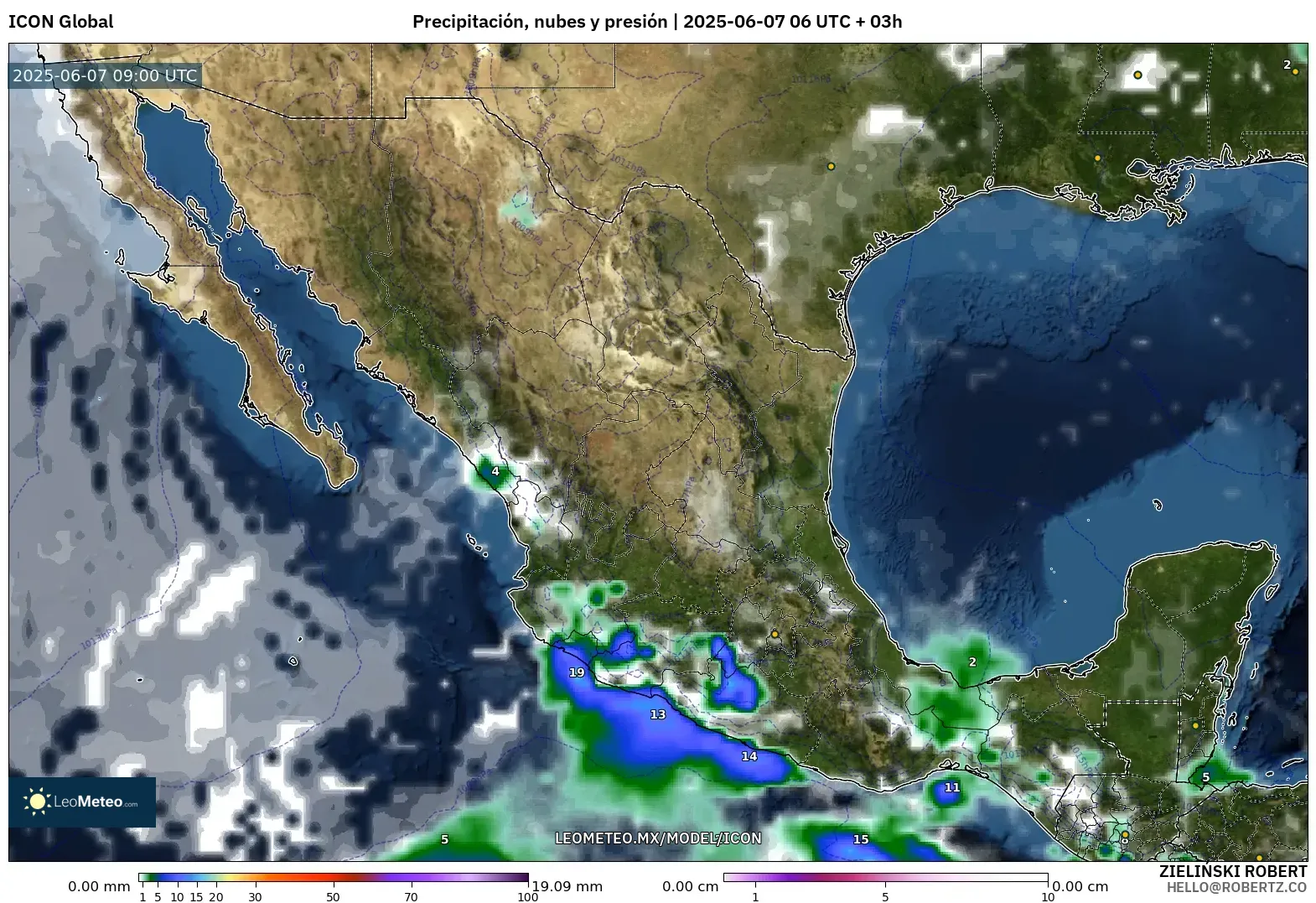 ICON model - México, Precipitación, nubes y presión ICON model - México, Precipitación, nubes y presión