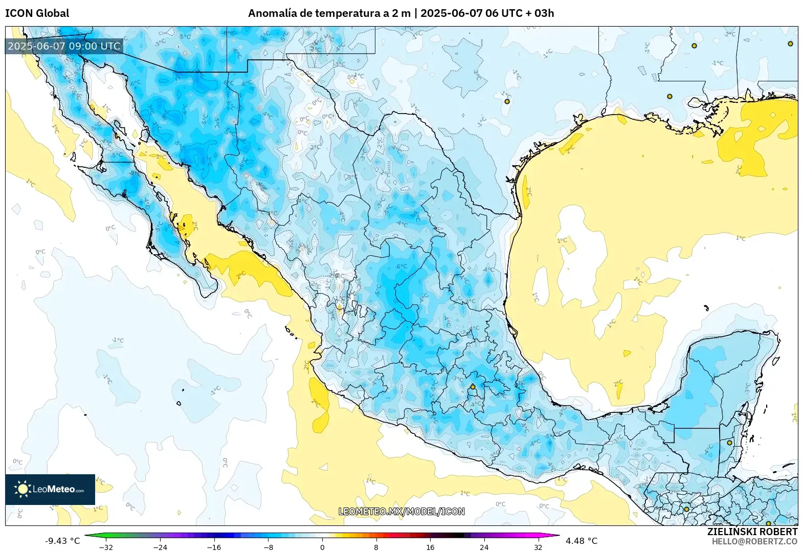 ICON model - México, Anomalía de temperatura a 2 m ICON model - México, Anomalía de temperatura a 2 m