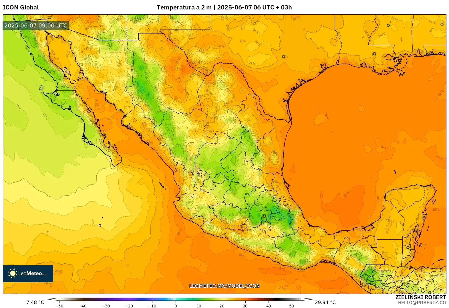 ICON model - México, Temperatura a 2 m ICON model - México, Temperatura a 2 m