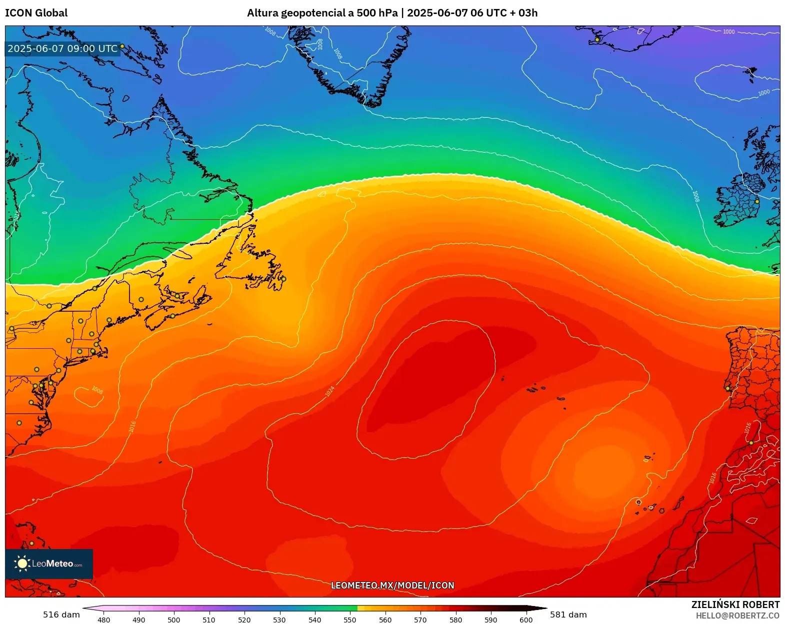 ICON model - Norte Atlántico, Altura geopotencial a 500 hPa