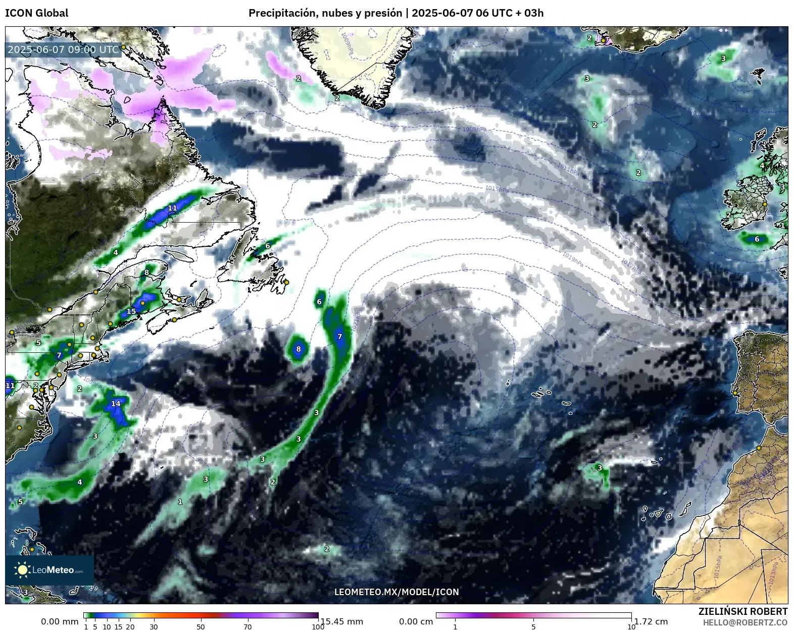 ICON model - Norte Atlántico, Precipitación, nubes y presión ICON model - Norte Atlántico, Precipitación, nubes y presión