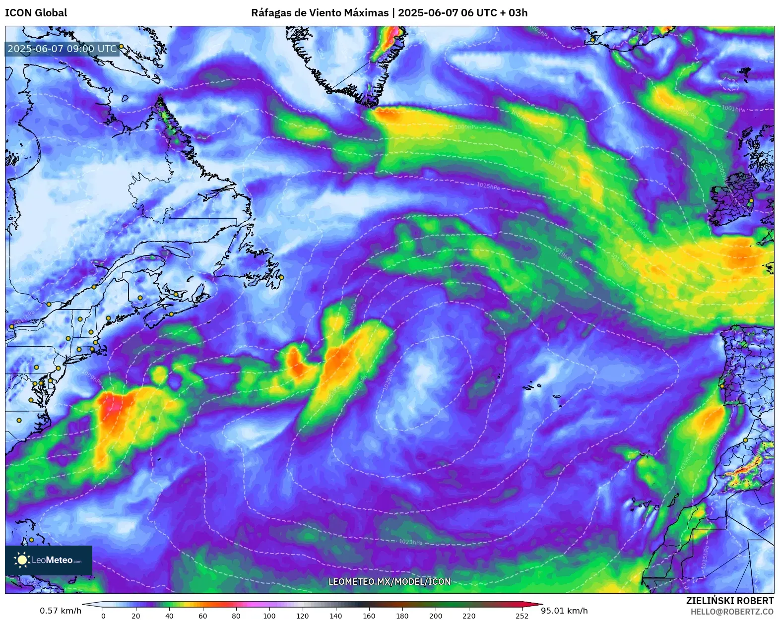 ICON model - Norte Atlántico, Ráfagas de Viento Máximas ICON model - Norte Atlántico, Ráfagas de Viento Máximas