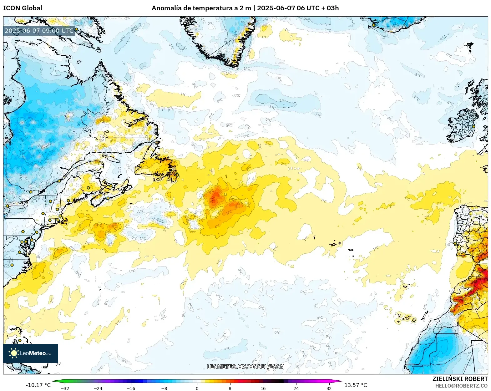 ICON model - Norte Atlántico, Anomalía de temperatura a 2 m