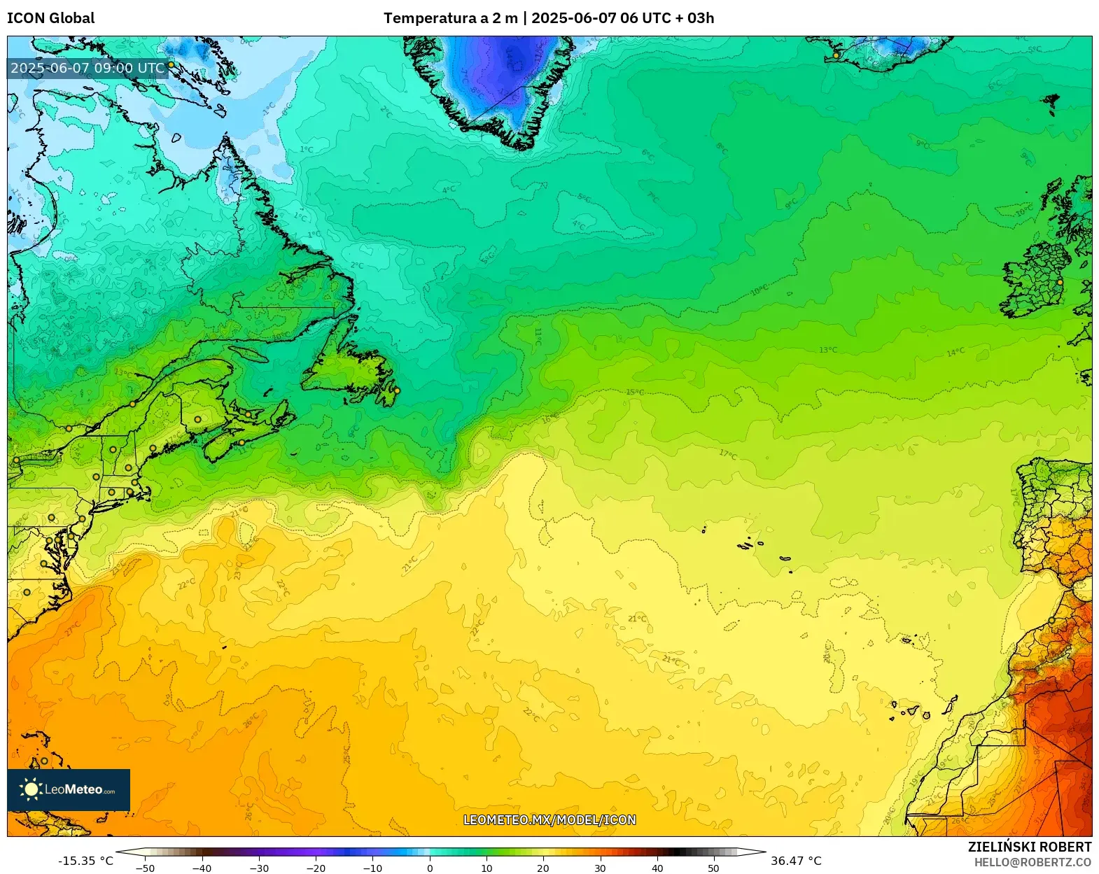 ICON model - Norte Atlántico, Temperatura a 2 m