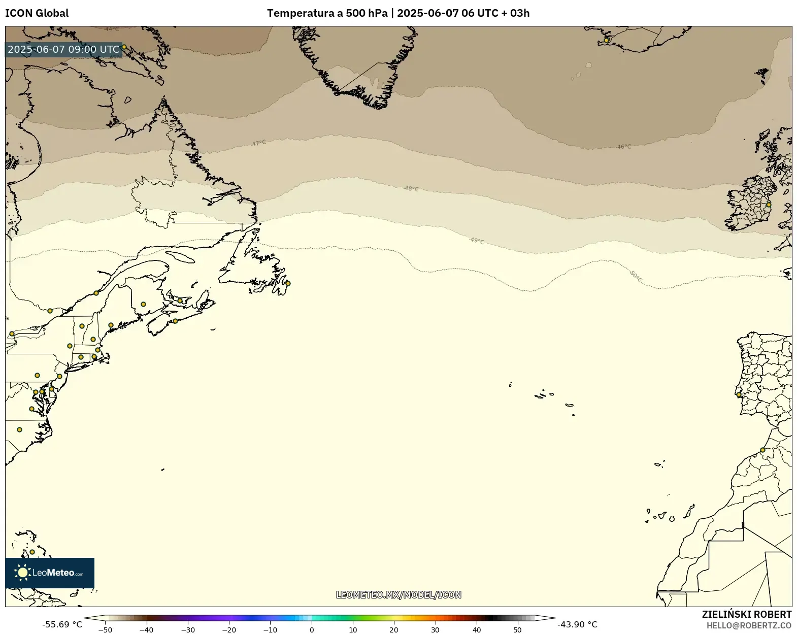 ICON model - Norte Atlántico, Temperatura a 500 hPa
